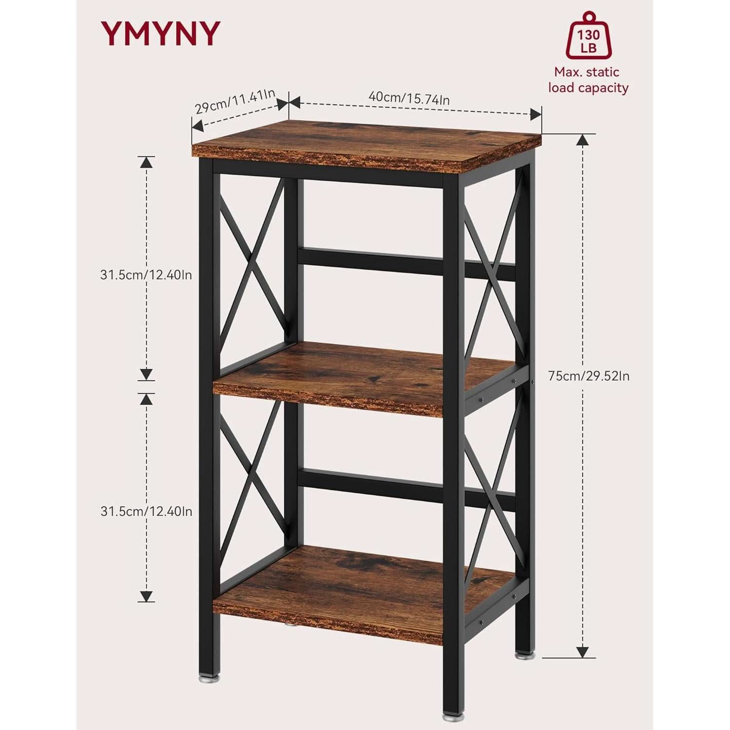 3 Tier Bookcase Industrial Metal Bookshelf With Side Fence in Rustic Brown Living Room Storage Display
