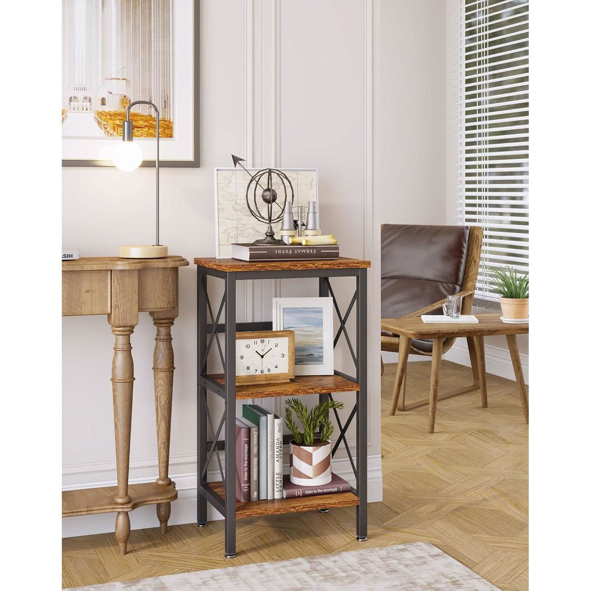 3 Tier Bookcase Industrial Metal Bookshelf With Side Fence in Rustic Brown Living Room Storage Display