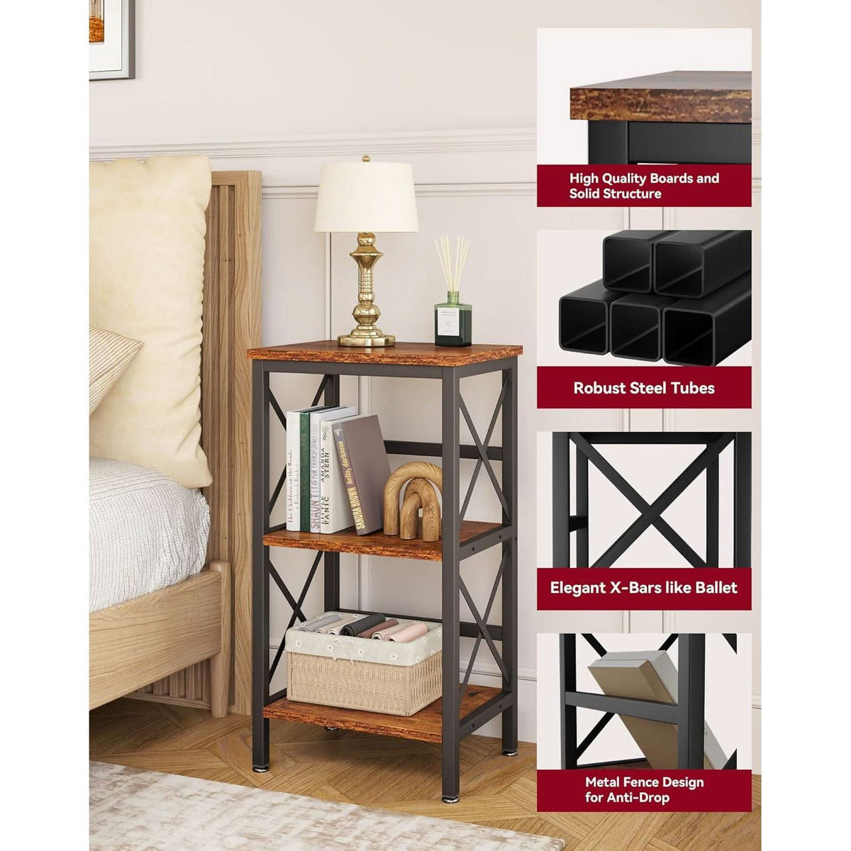 3 Tier Bookcase Industrial Metal Bookshelf With Side Fence in Rustic Brown Living Room Storage Display