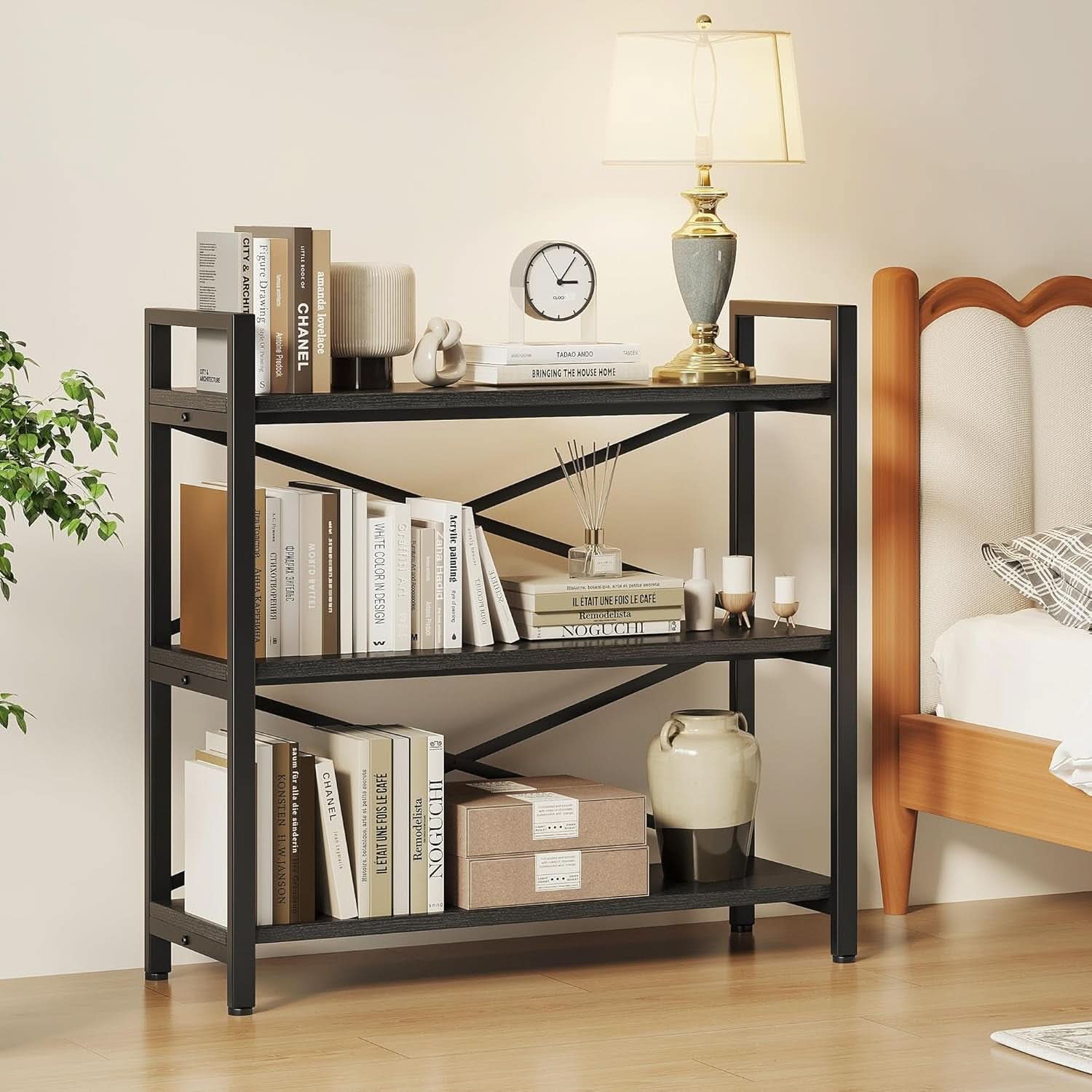 3 Tier Bookshelf 31 Inch Width Wood And Metal Etagere Black