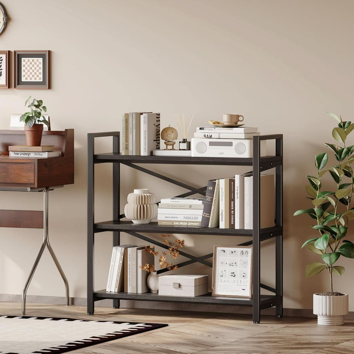 3 Tier Bookshelf 31 Inch Width Wood And Metal Etagere Black