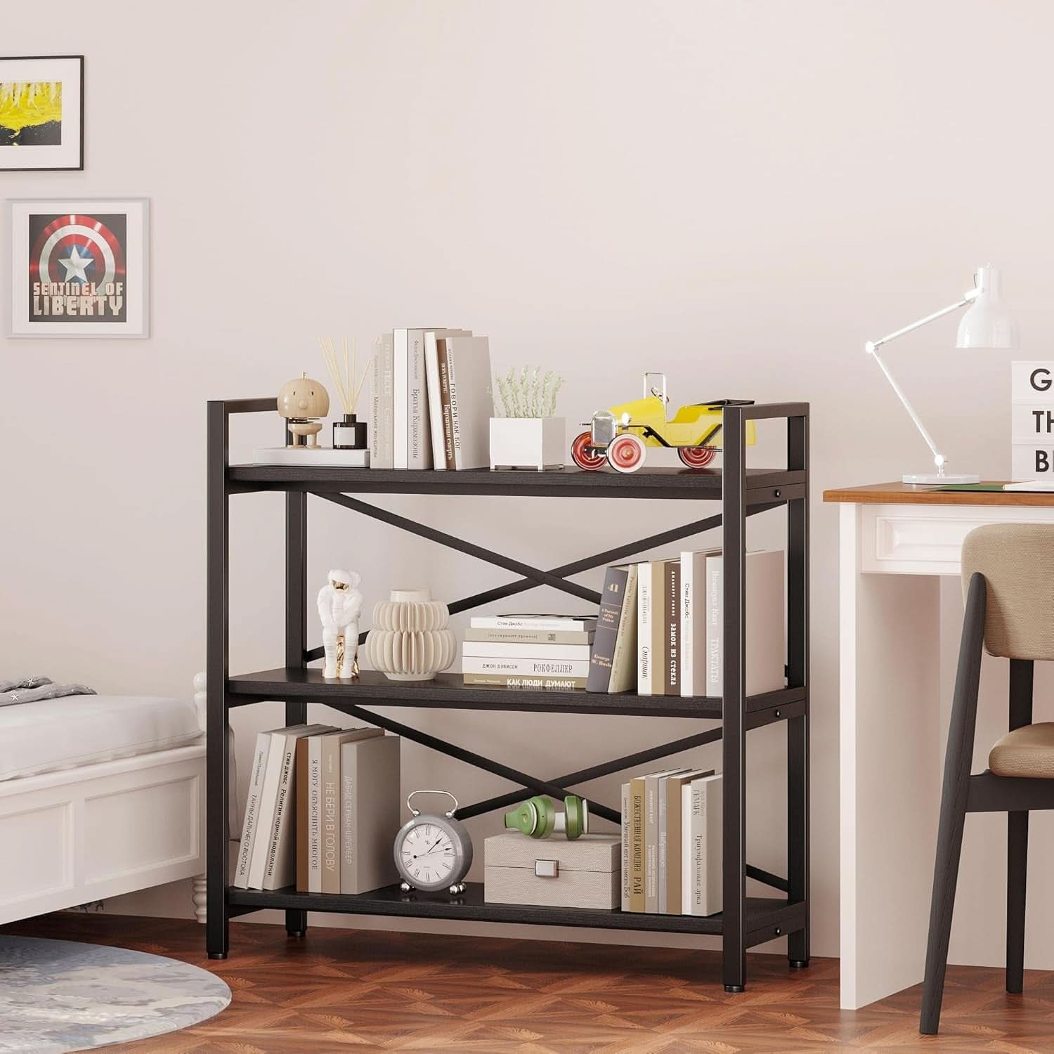 3 Tier Bookshelf 31 Inch Width Wood And Metal Etagere Black