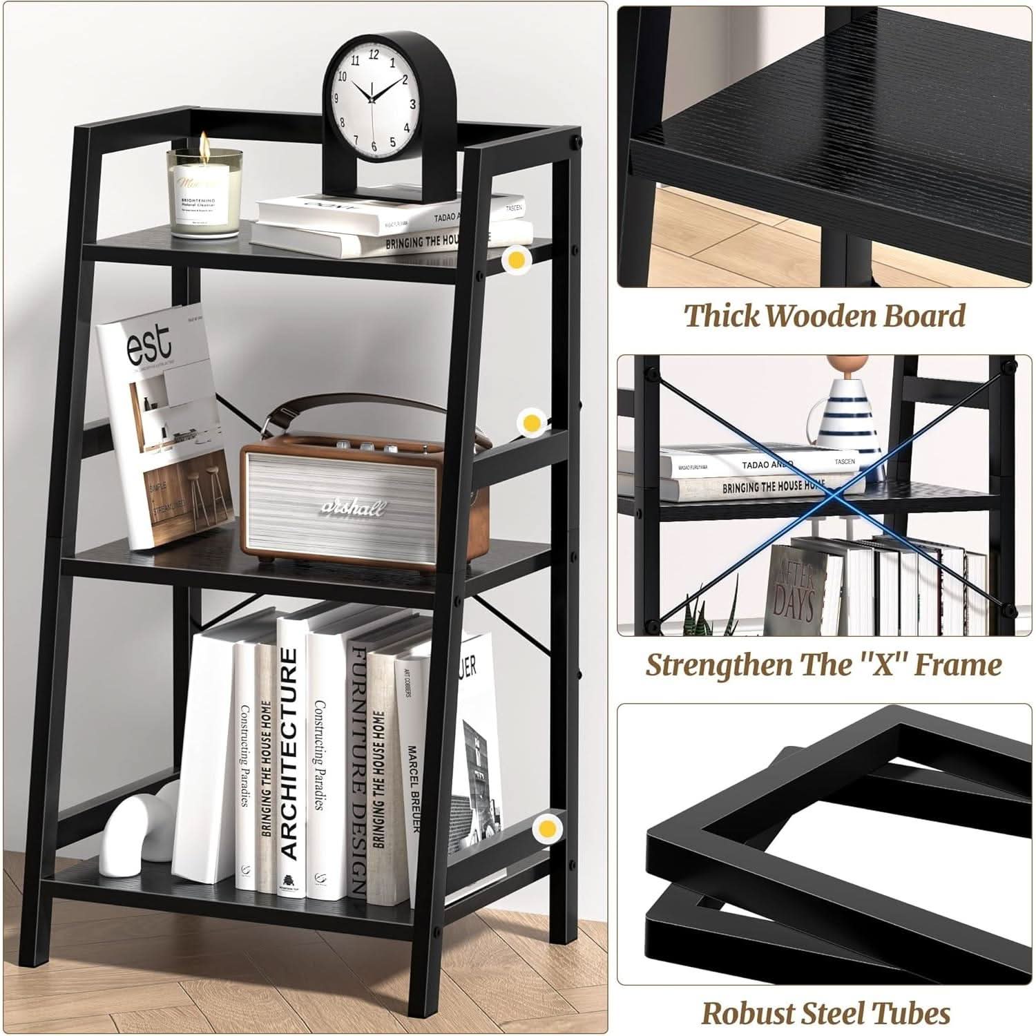 3 Tier Bookshelf Black Steel Frame For Living Room