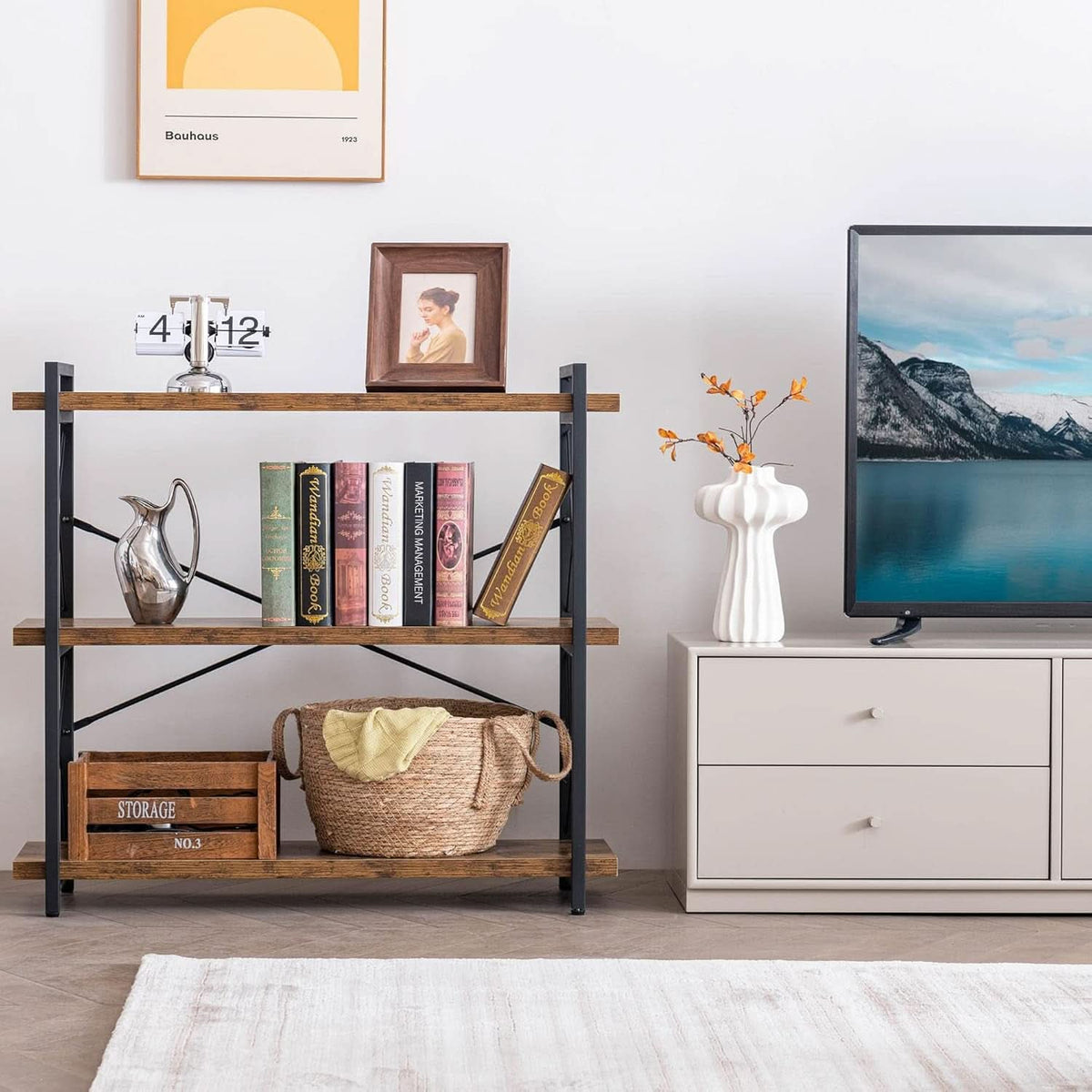 3 Tier Industrial Bookshelf Rustic Wood And Metal Open