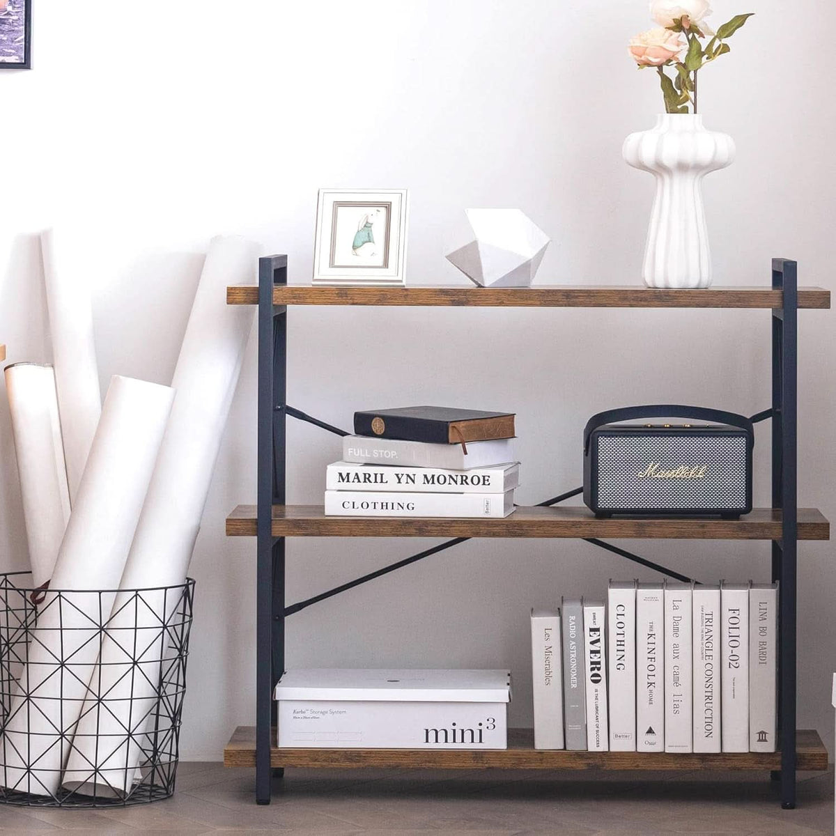 3 Tier Industrial Bookshelf Rustic Wood And Metal Open