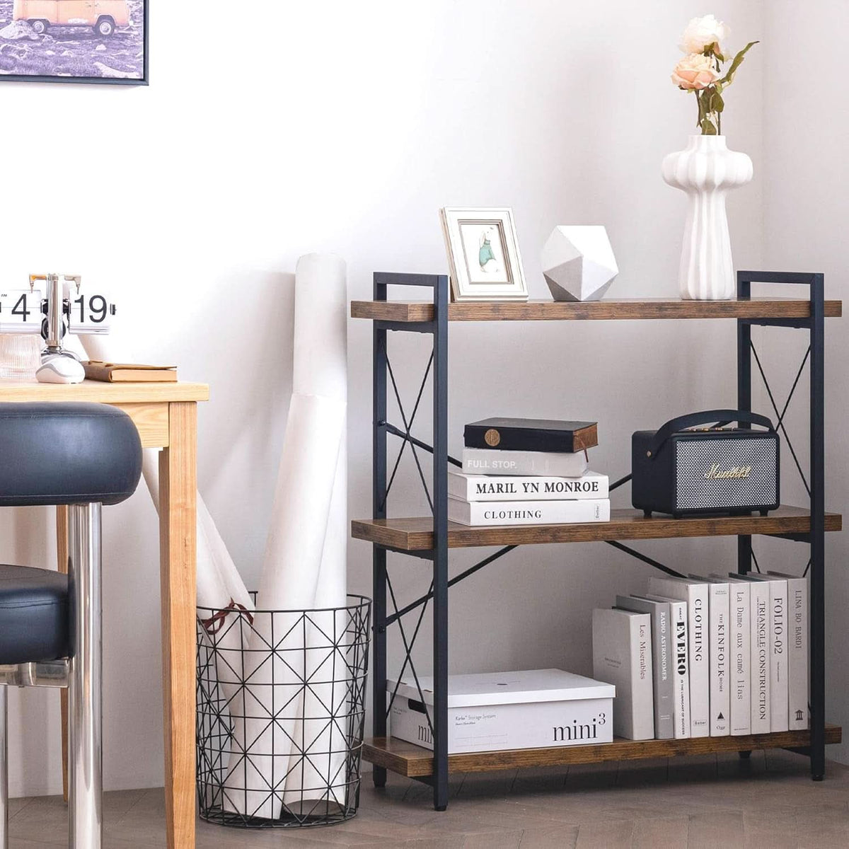 3 Tier Industrial Bookshelf Rustic Wood And Metal Open