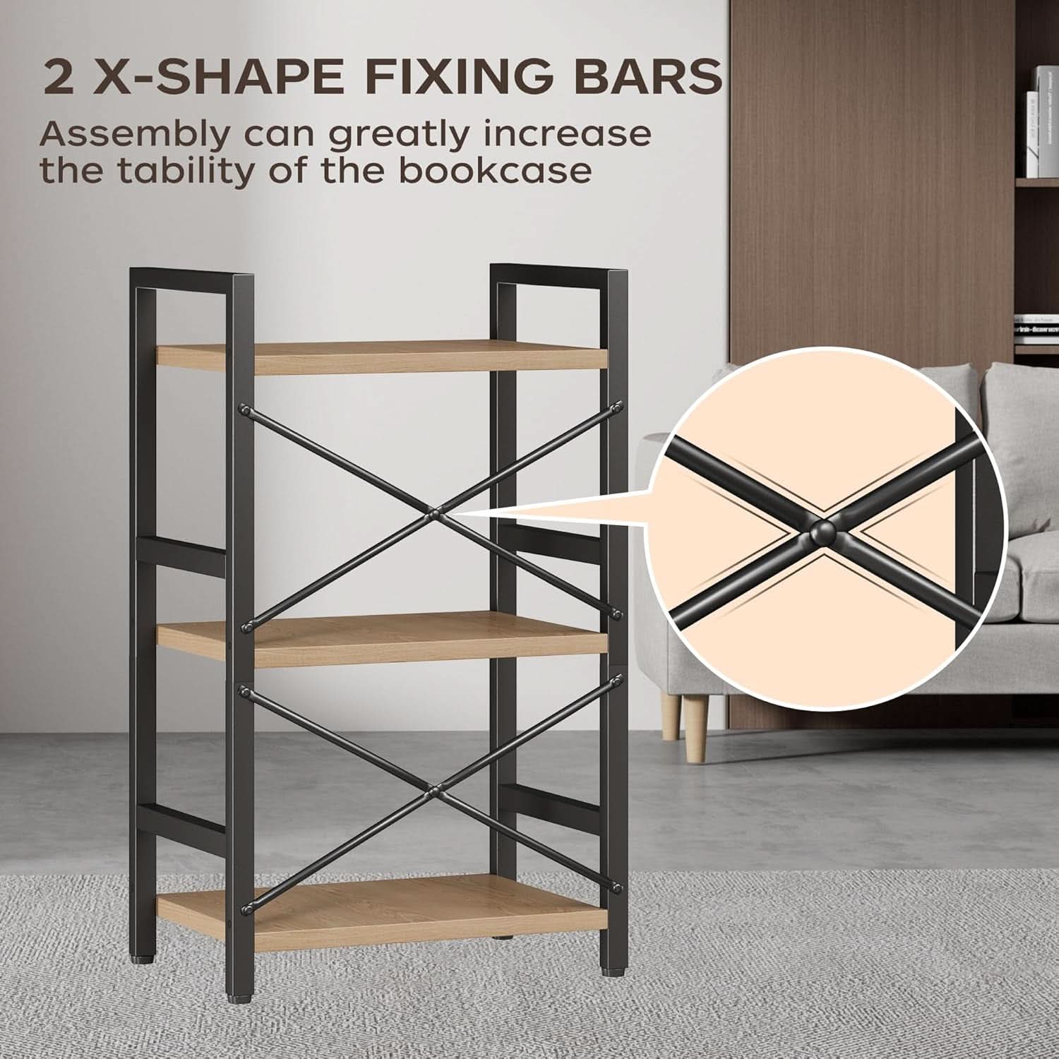 3 Tier Industrial Metal Bookcase Rustic Etagere Shelf Light Coffee