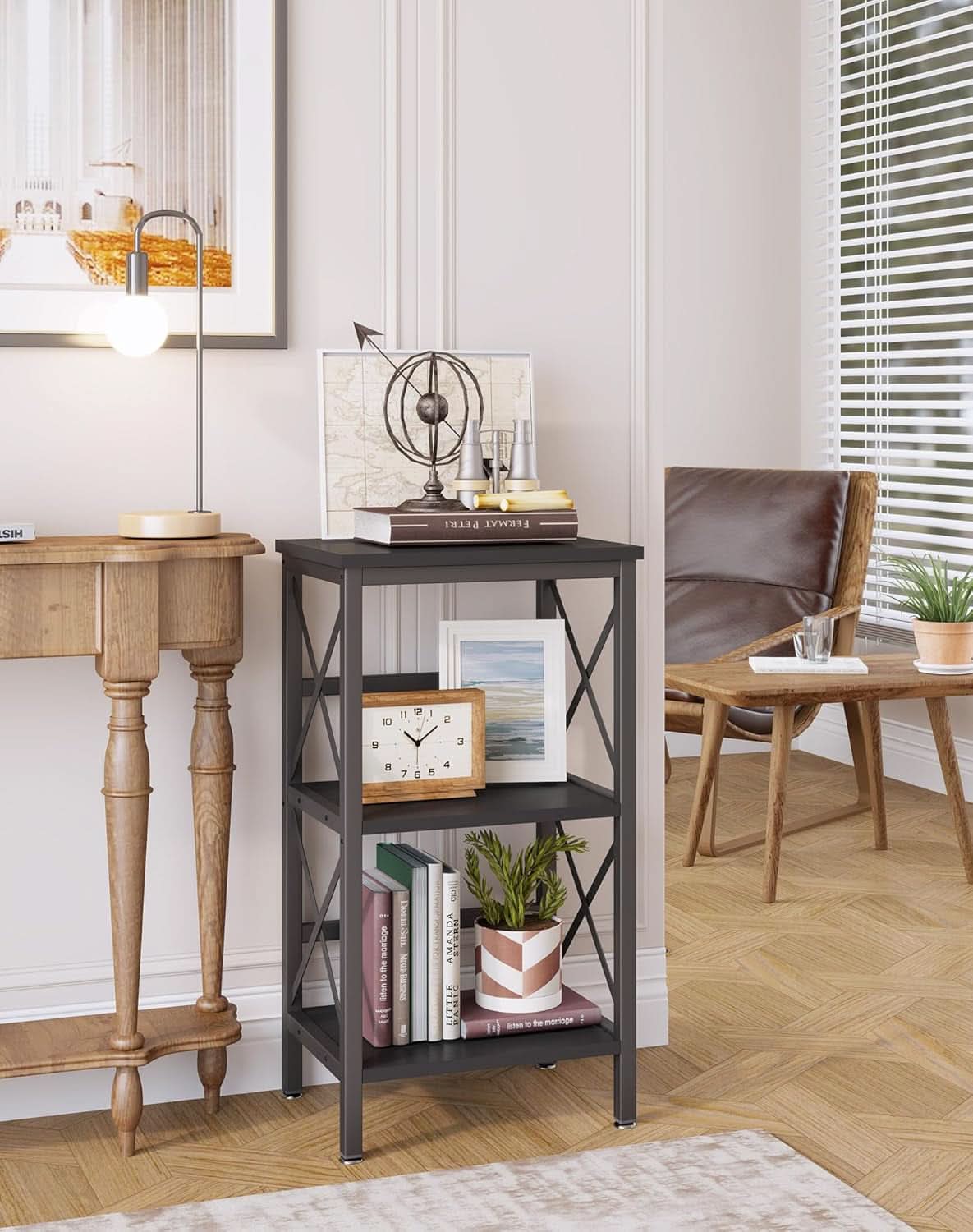 3 Tier Industrial Metal Bookcase With Side Fence Black 29.5 X 15.75 X 11.4 Inches Storage Shelf
