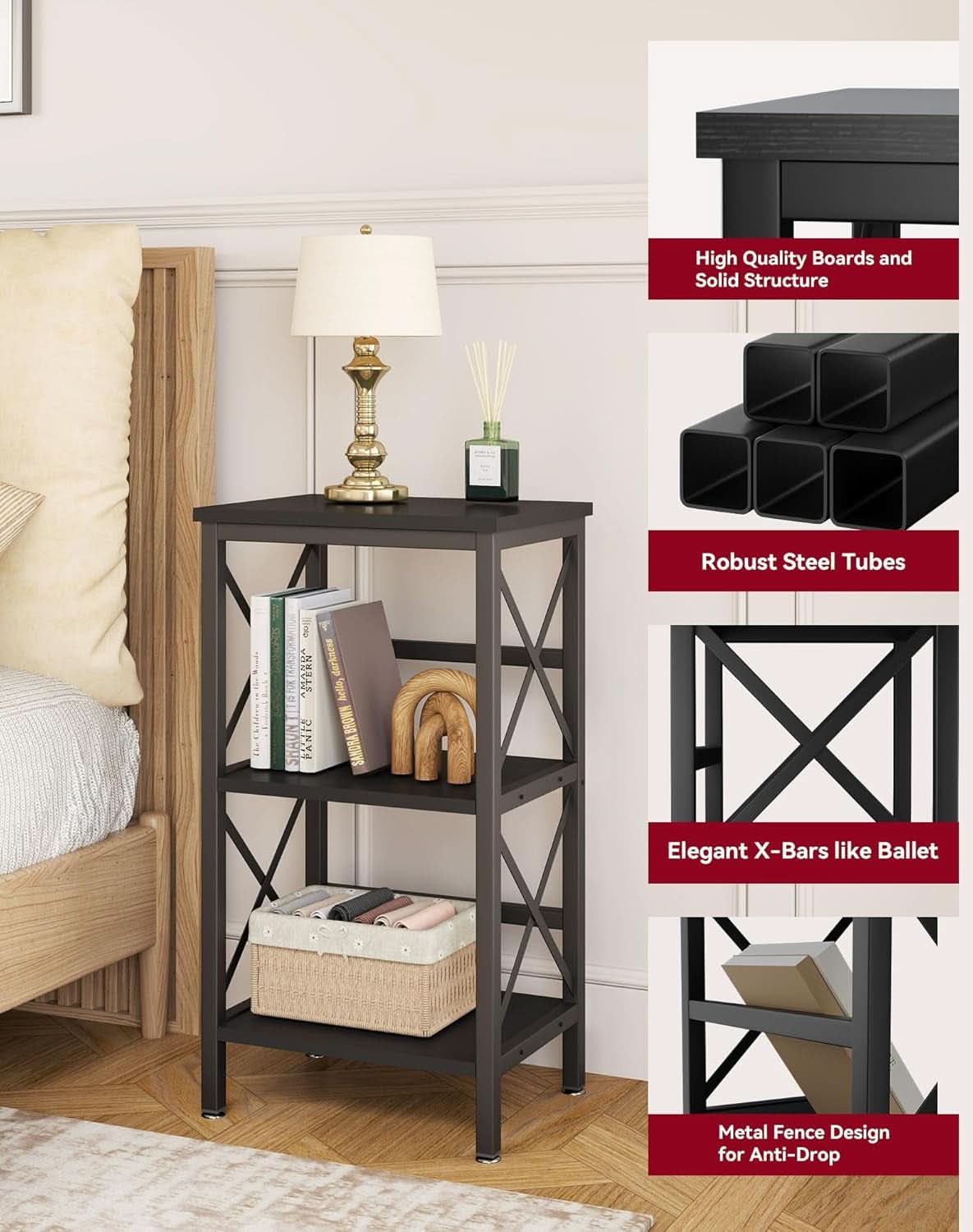 3 Tier Industrial Metal Bookcase With Side Fence Black 29.5 X 15.75 X 11.4 Inches Storage Shelf
