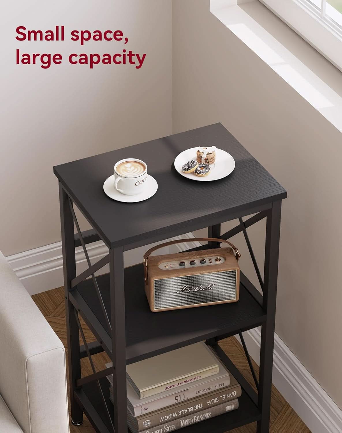 3 Tier Industrial Metal Bookcase With Side Fence Black 29.5 X 15.75 X 11.4 Inches Storage Shelf