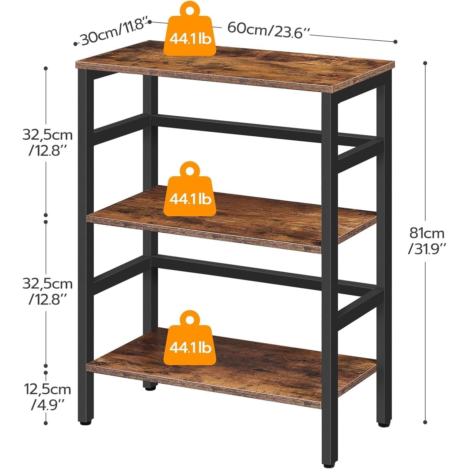 3 Tier Industrial Wood And Metal Bookcase With Rustic Brown Open Display For Living Room And Bedroom