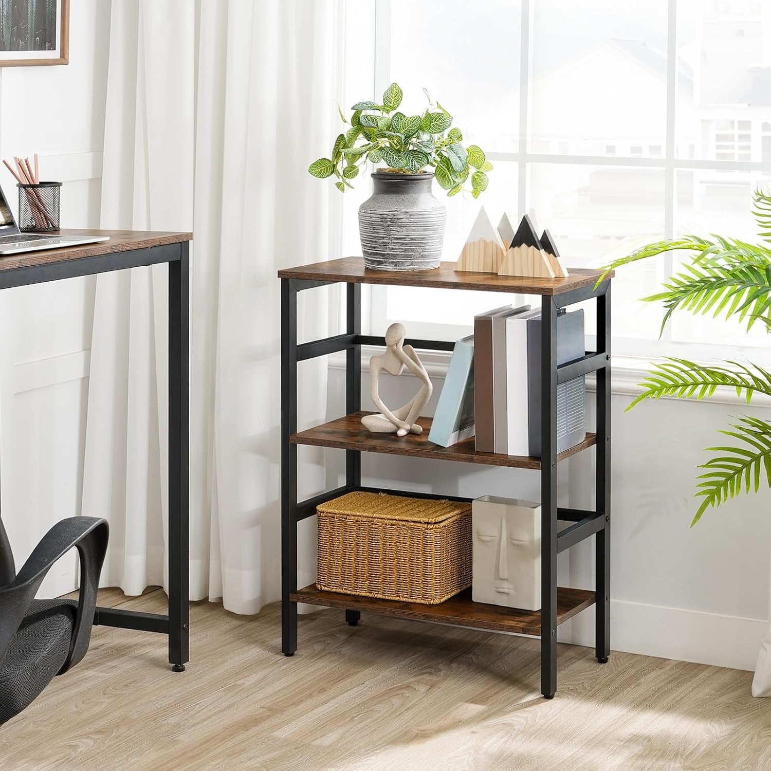 3 Tier Industrial Wood And Metal Bookcase With Rustic Brown Open Display For Living Room And Bedroom