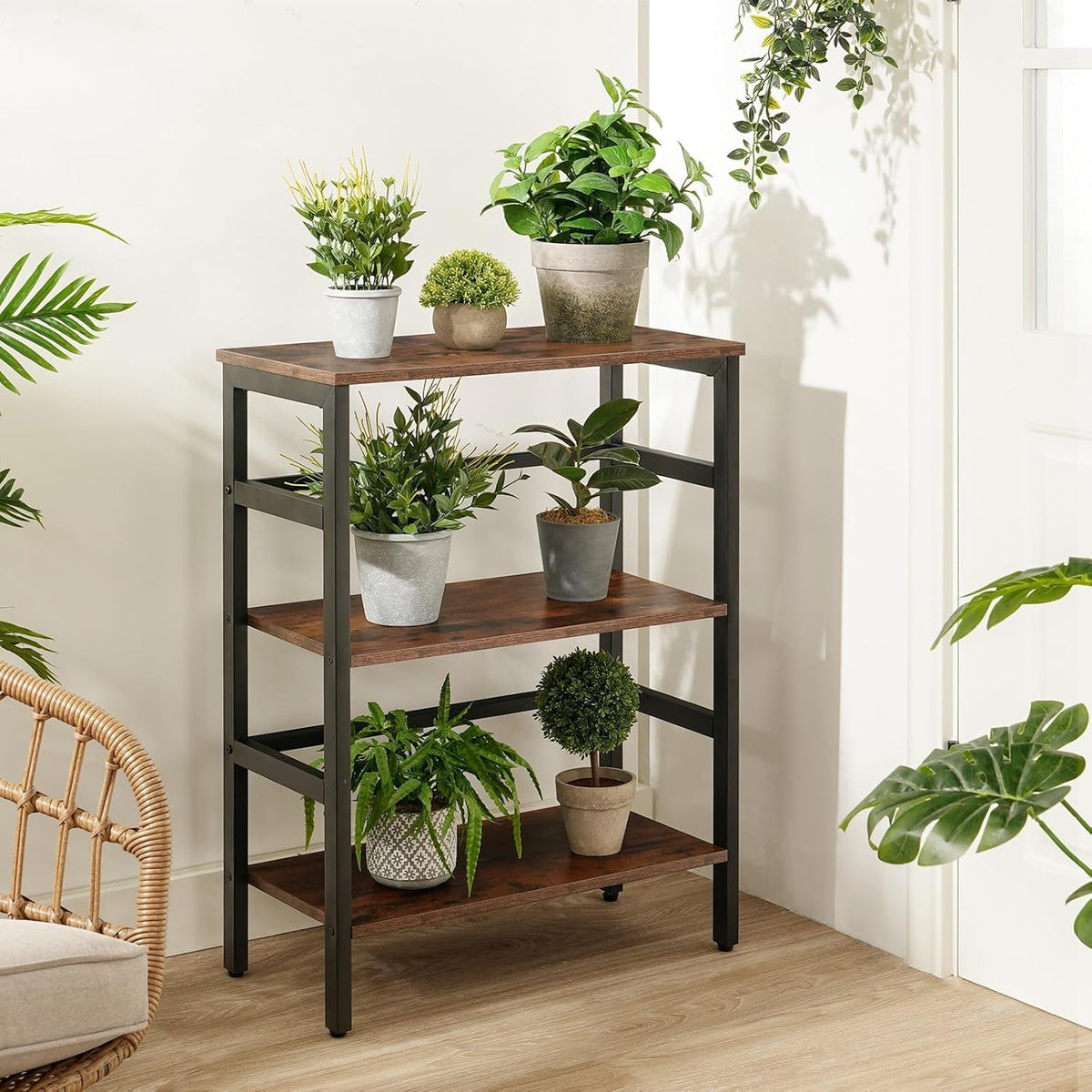 3 Tier Industrial Wood And Metal Bookcase With Rustic Brown Open Display For Living Room And Bedroom