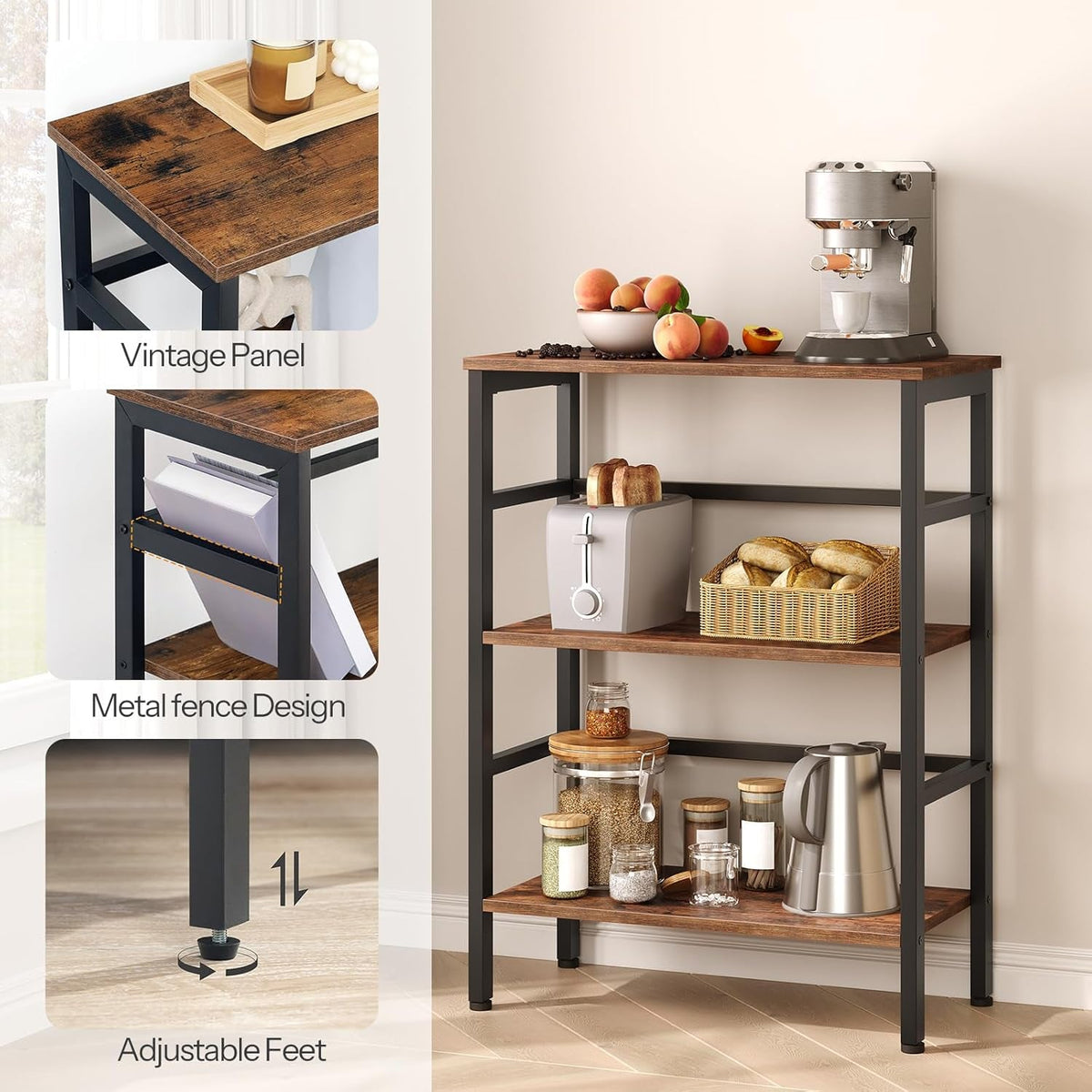 3 Tier Industrial Wood And Metal Bookcase With Rustic Brown Open Display For Living Room And Bedroom