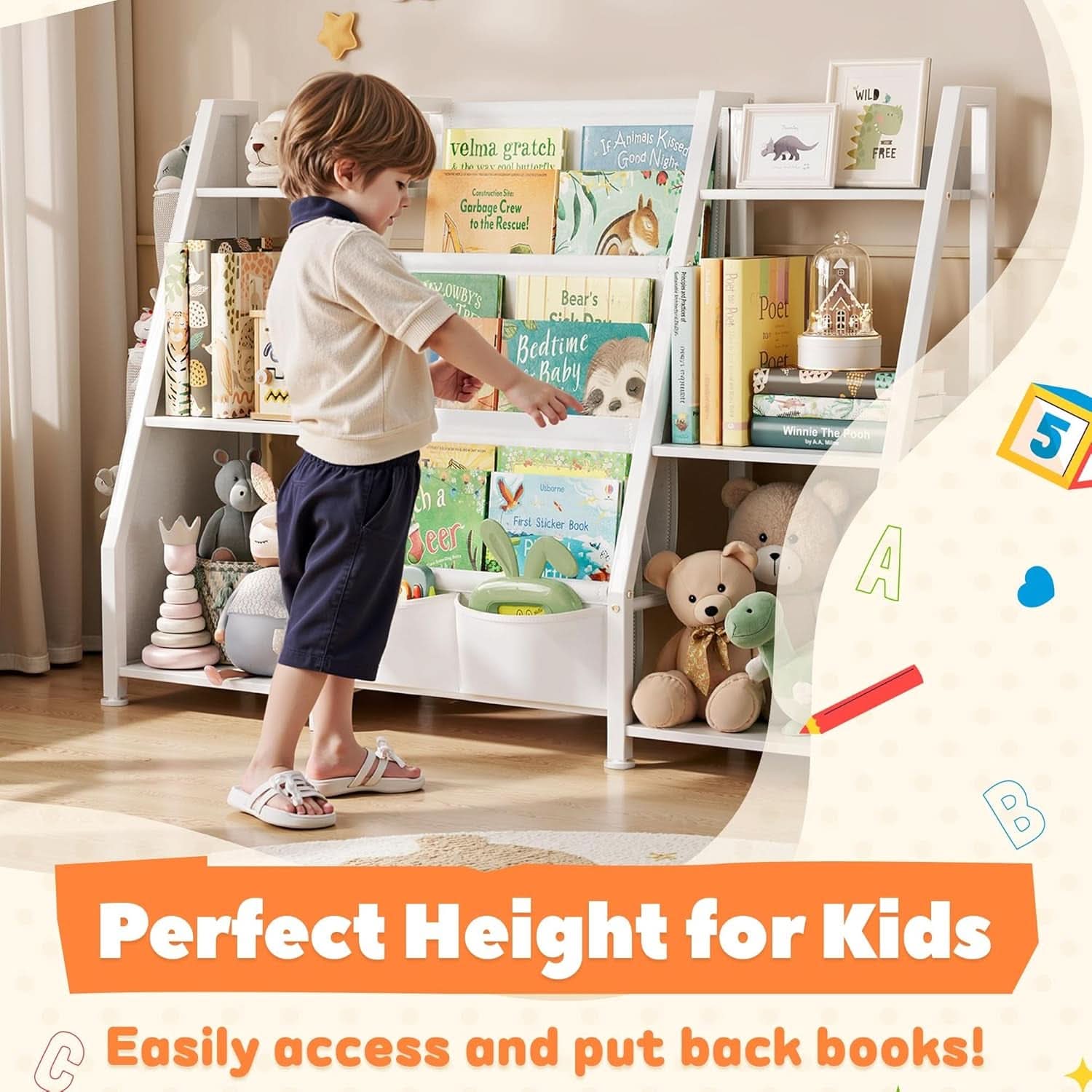3 Tier Kids Bookshelf Toy Organizer In White Wood And Metal