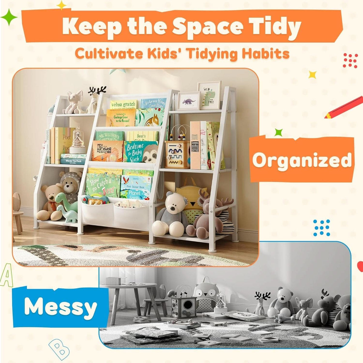 3 Tier Kids Bookshelf Toy Organizer In White Wood And Metal