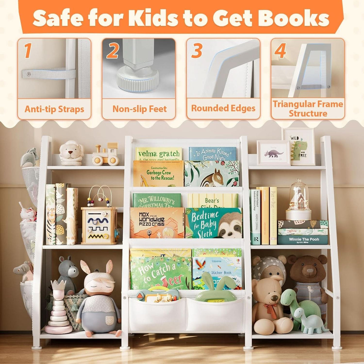 3 Tier Kids Bookshelf Toy Organizer In White Wood And Metal