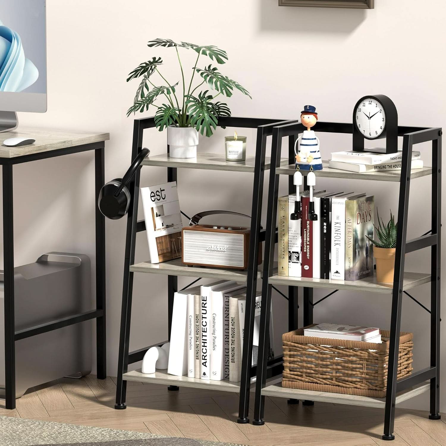 3-Tier Ladder Bookshelf With Steel Frame Greige Black