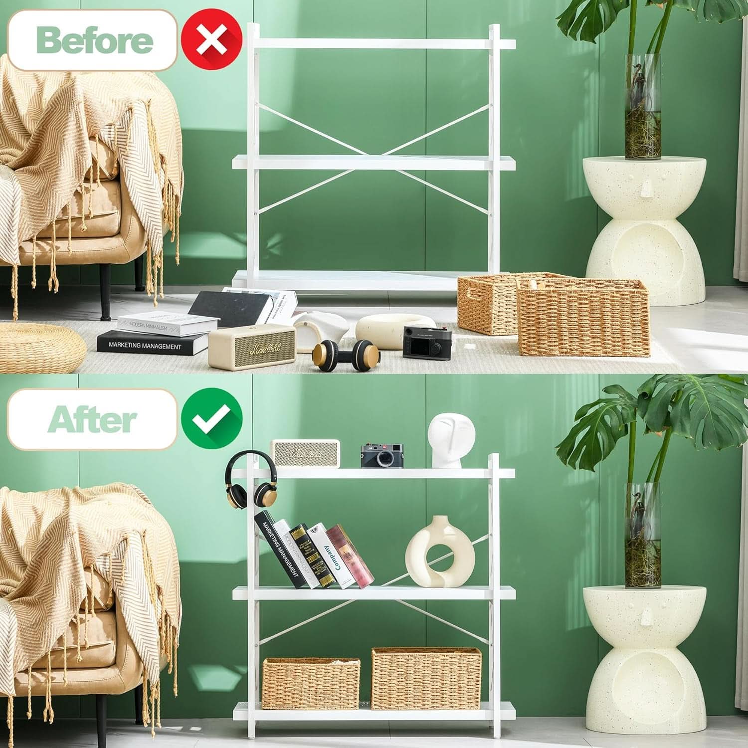 3 Tier White Bookshelf Open Shelving Unit For Home Office