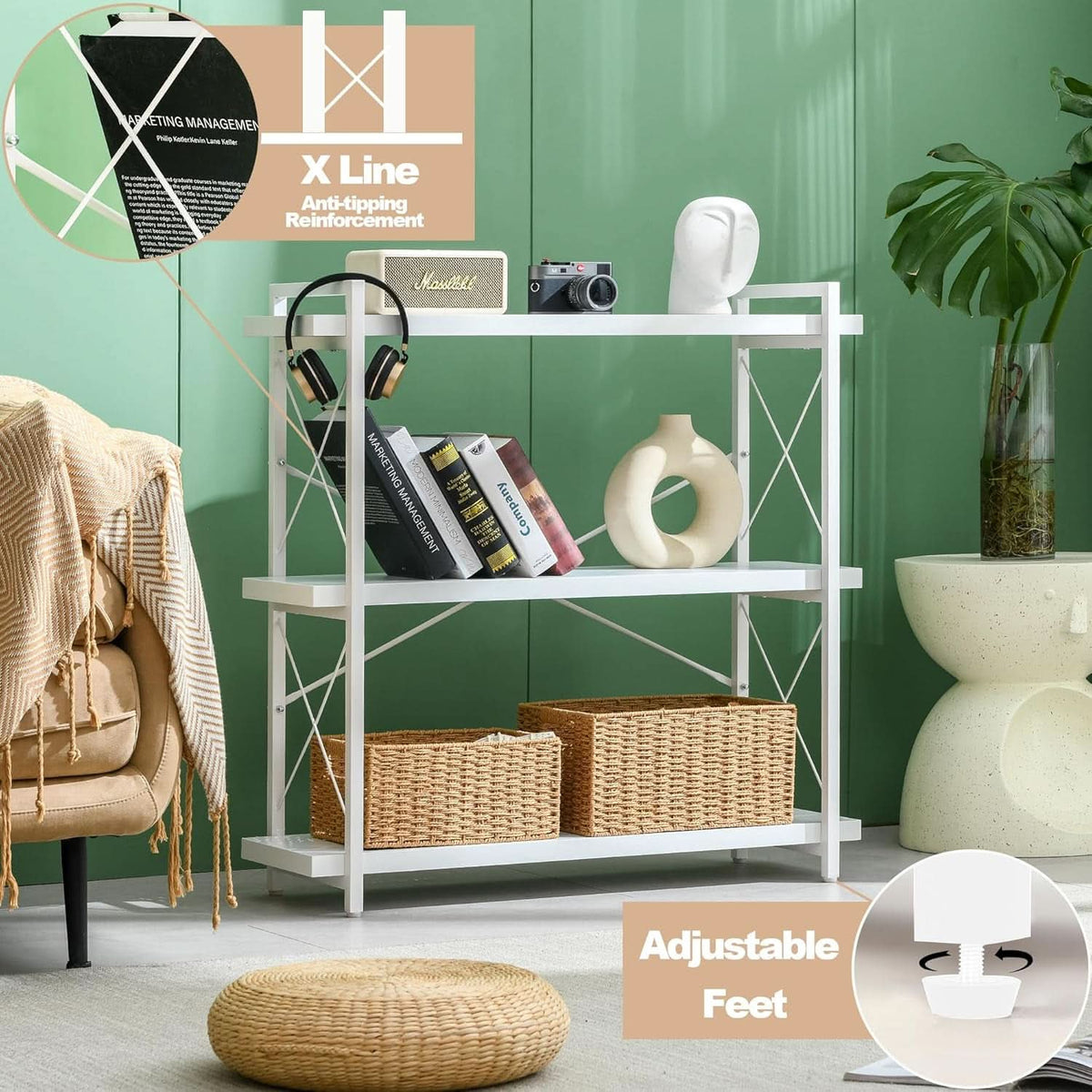 3 Tier White Bookshelf Open Shelving Unit For Home Office
