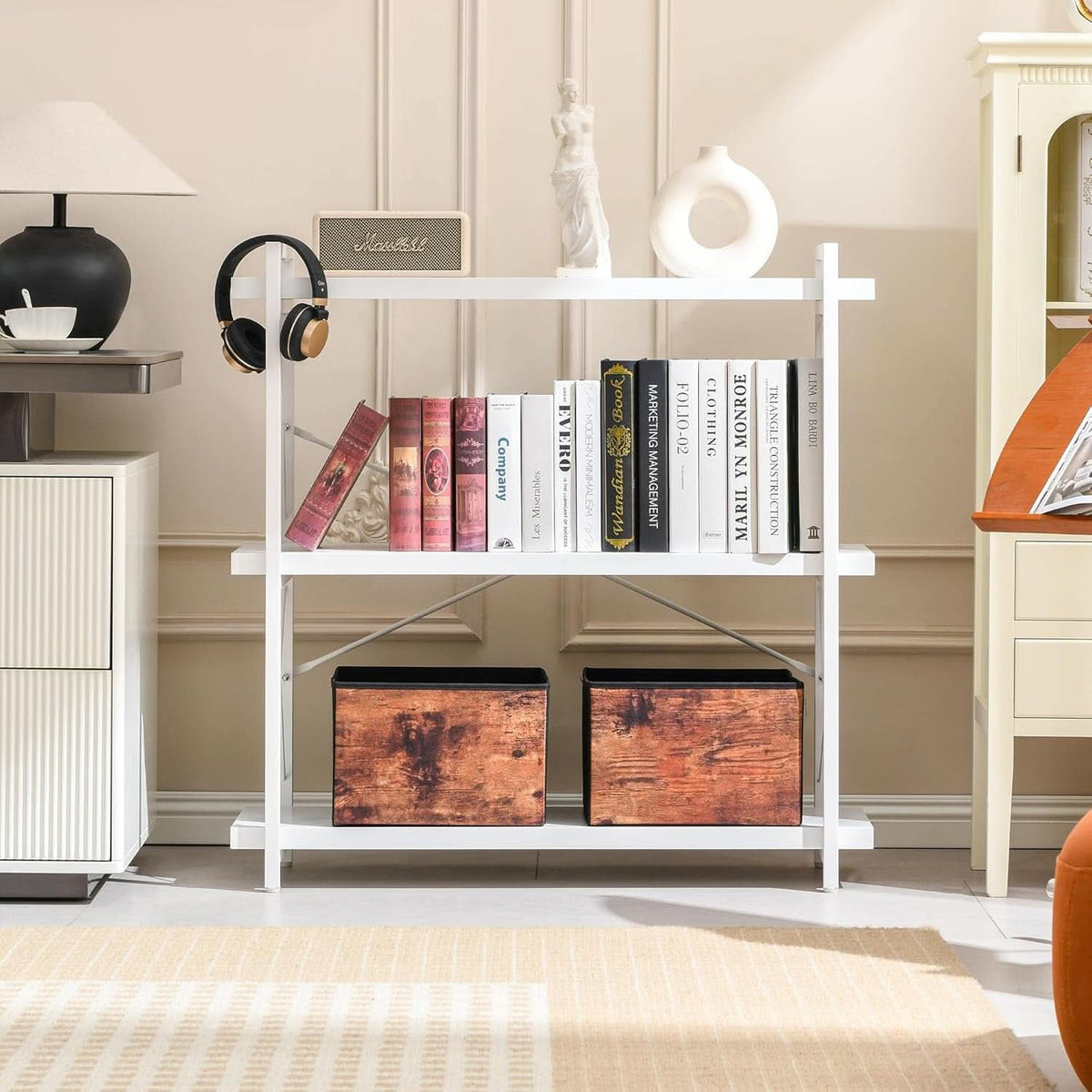 3 Tier White Bookshelf Open Shelving Unit For Home Office