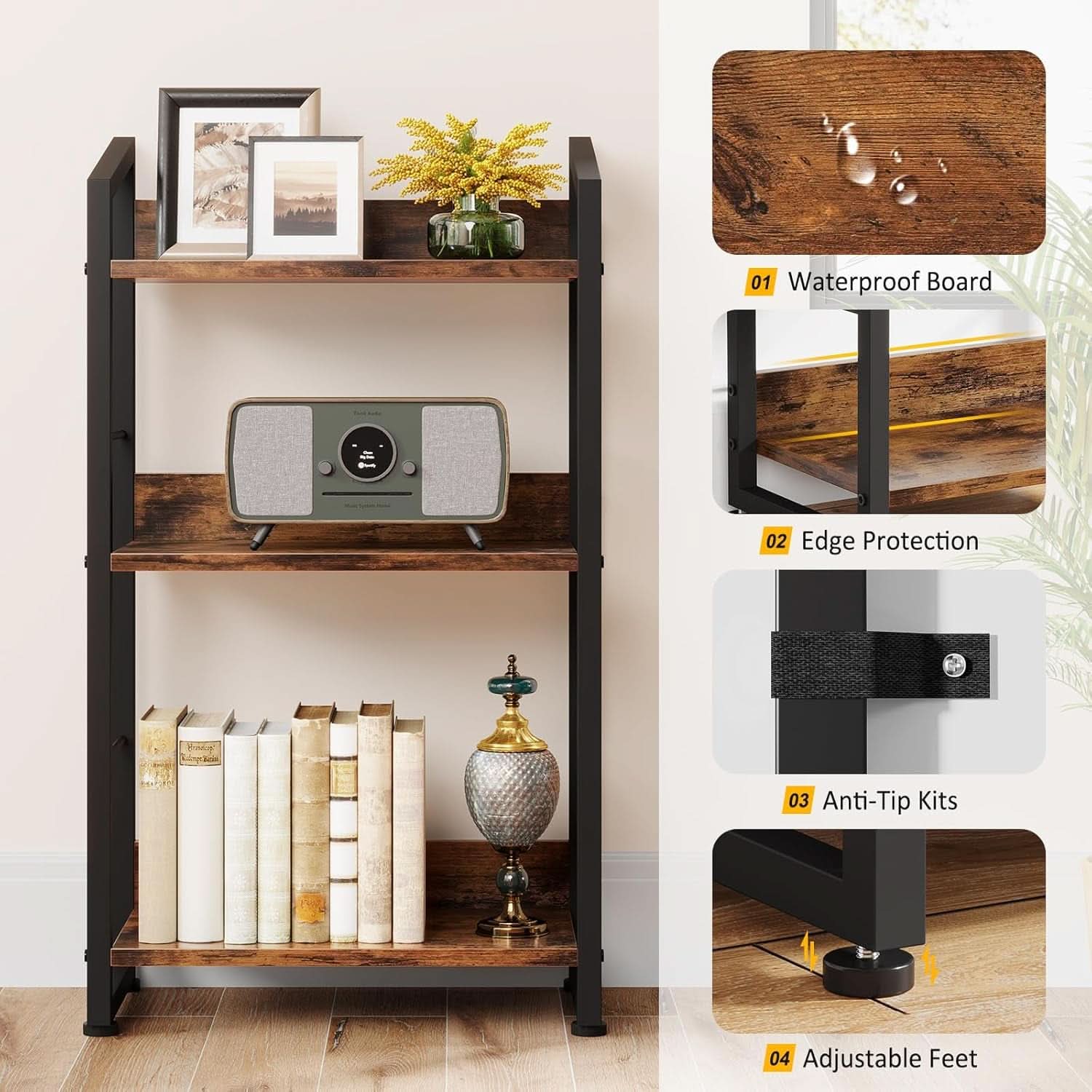 3 Tier Wooden Bookshelf With Edge Protection Vintage Brown