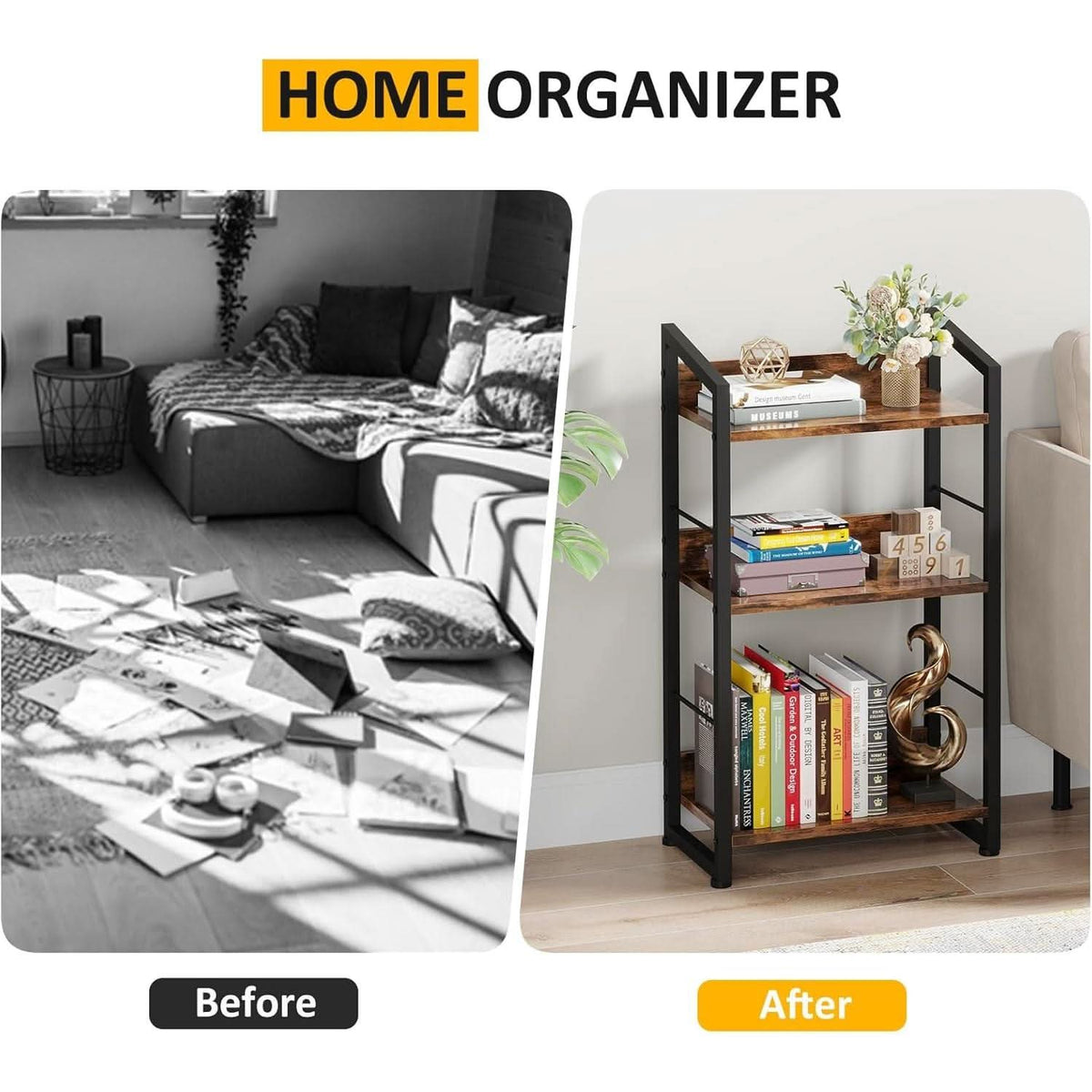 3 Tier Wooden Bookshelf With Edge Protection Vintage Brown