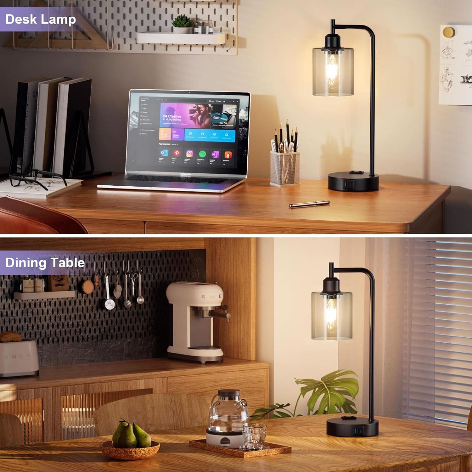 3-Way Dimmable USB Table Lamps With Gray Glass Shade Pair