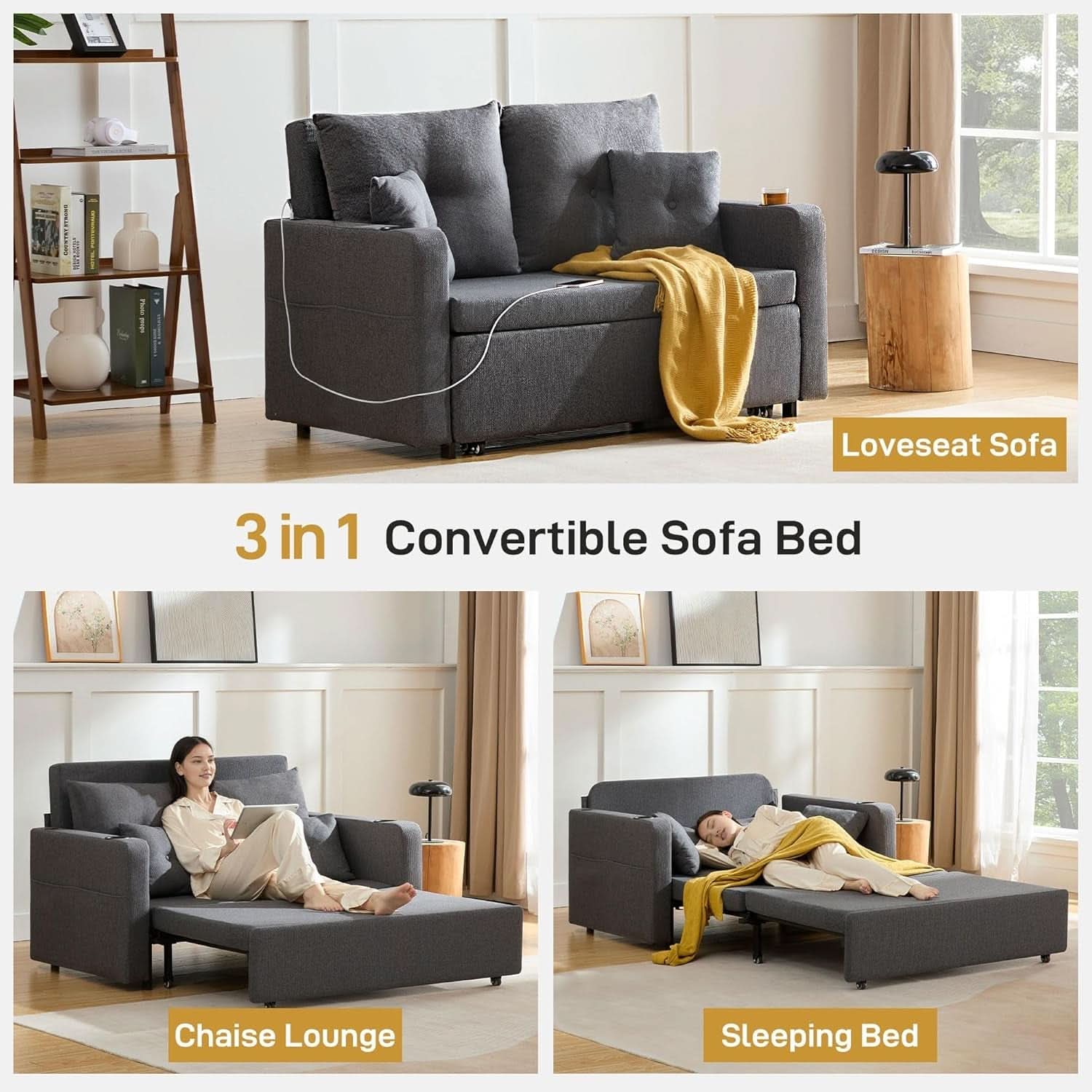 3 in 1 Convertible Sofa Bed with Storage and USB