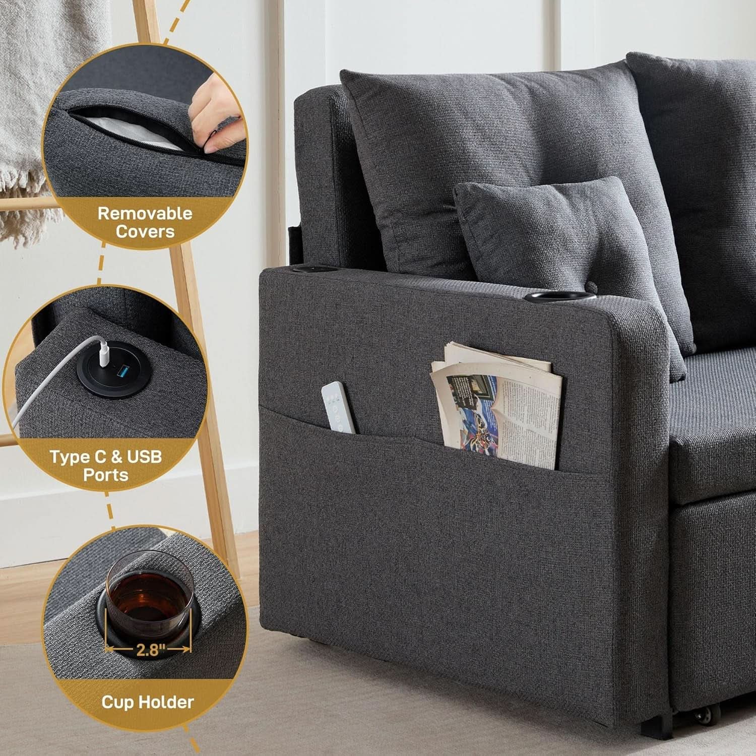 3 in 1 Convertible Sofa Bed with Storage and USB