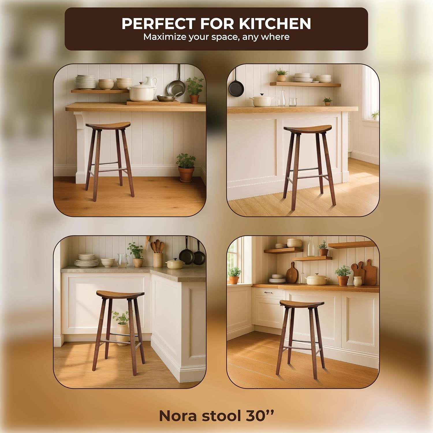 30 Inch Backless Bar Stool Brown Solid Rubber Wood