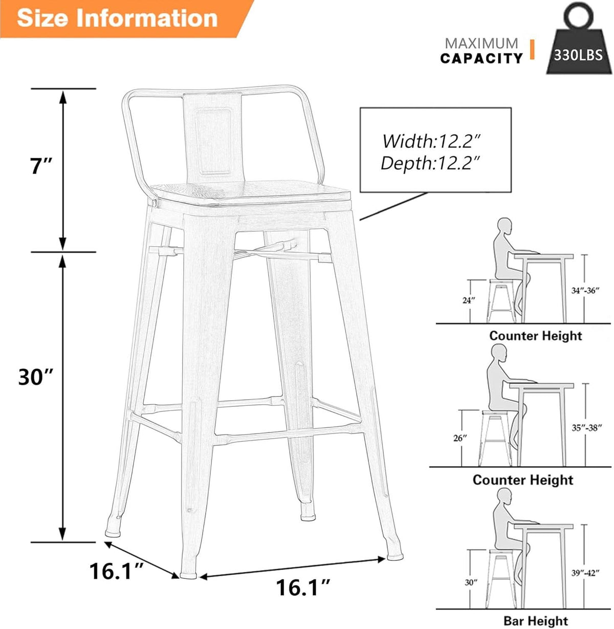 30 Inch Bar Stools Set Of 4 Matte Black Wood Seat With Back