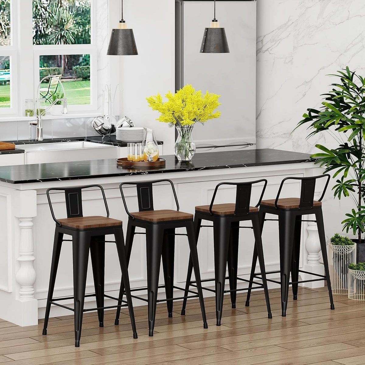 30 Inch Bar Stools Set Of 4 Matte Black Wood Seat With Back