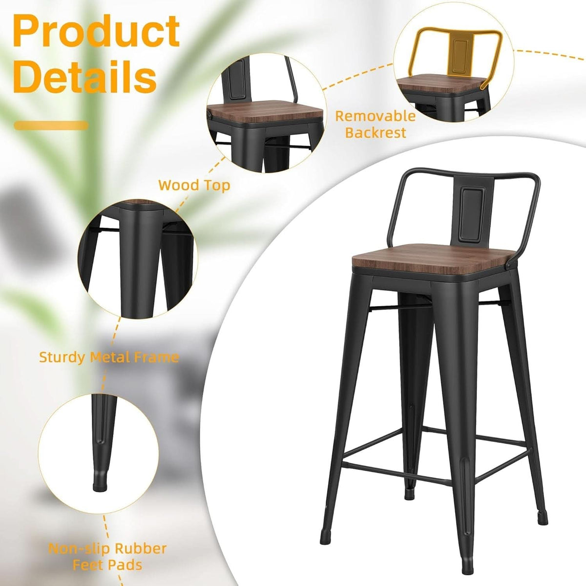30 Inch Bar Stools Set Of 4 Matte Black Wood Seat With Back