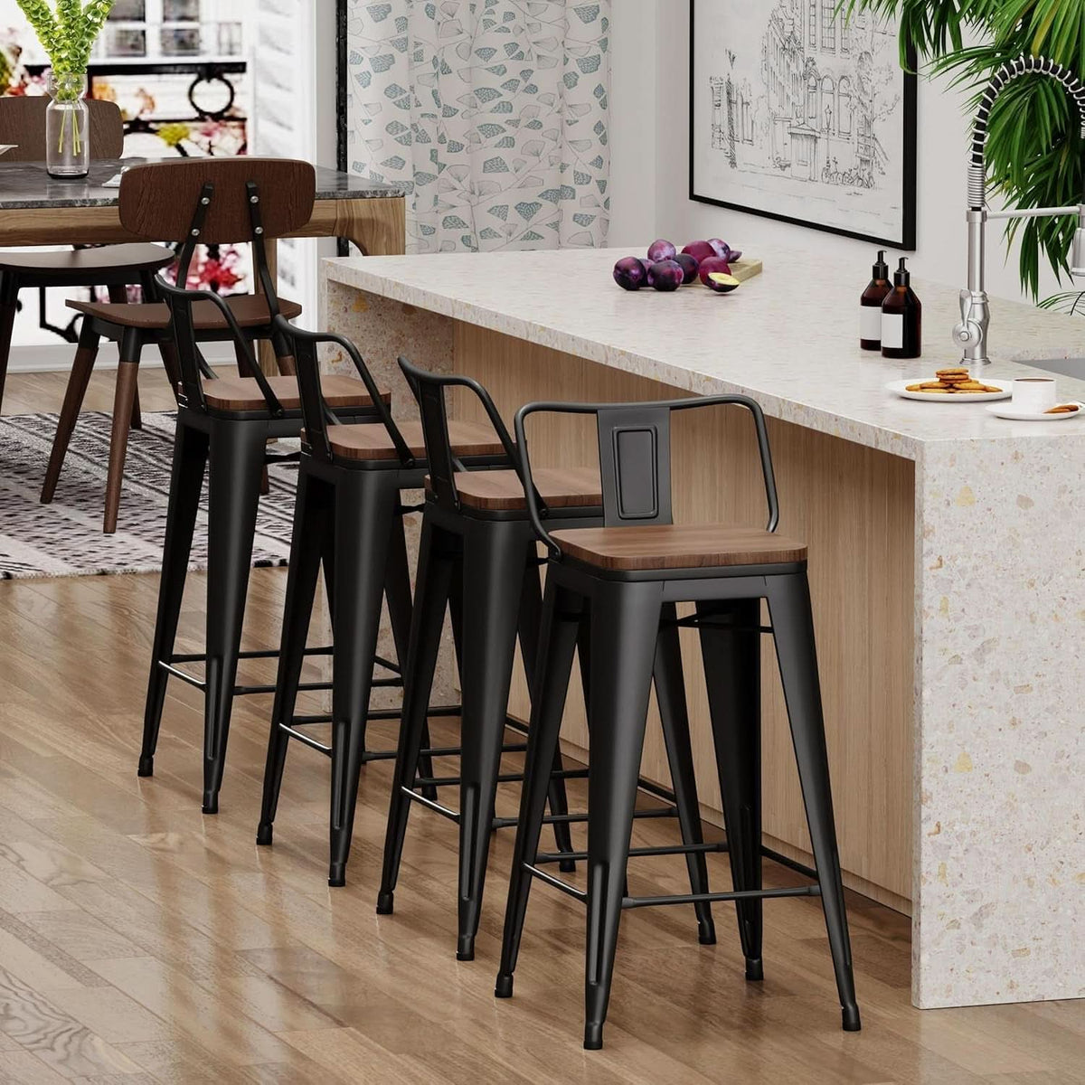 30 Inch Bar Stools Set Of 4 Matte Black Wood Seat With Back