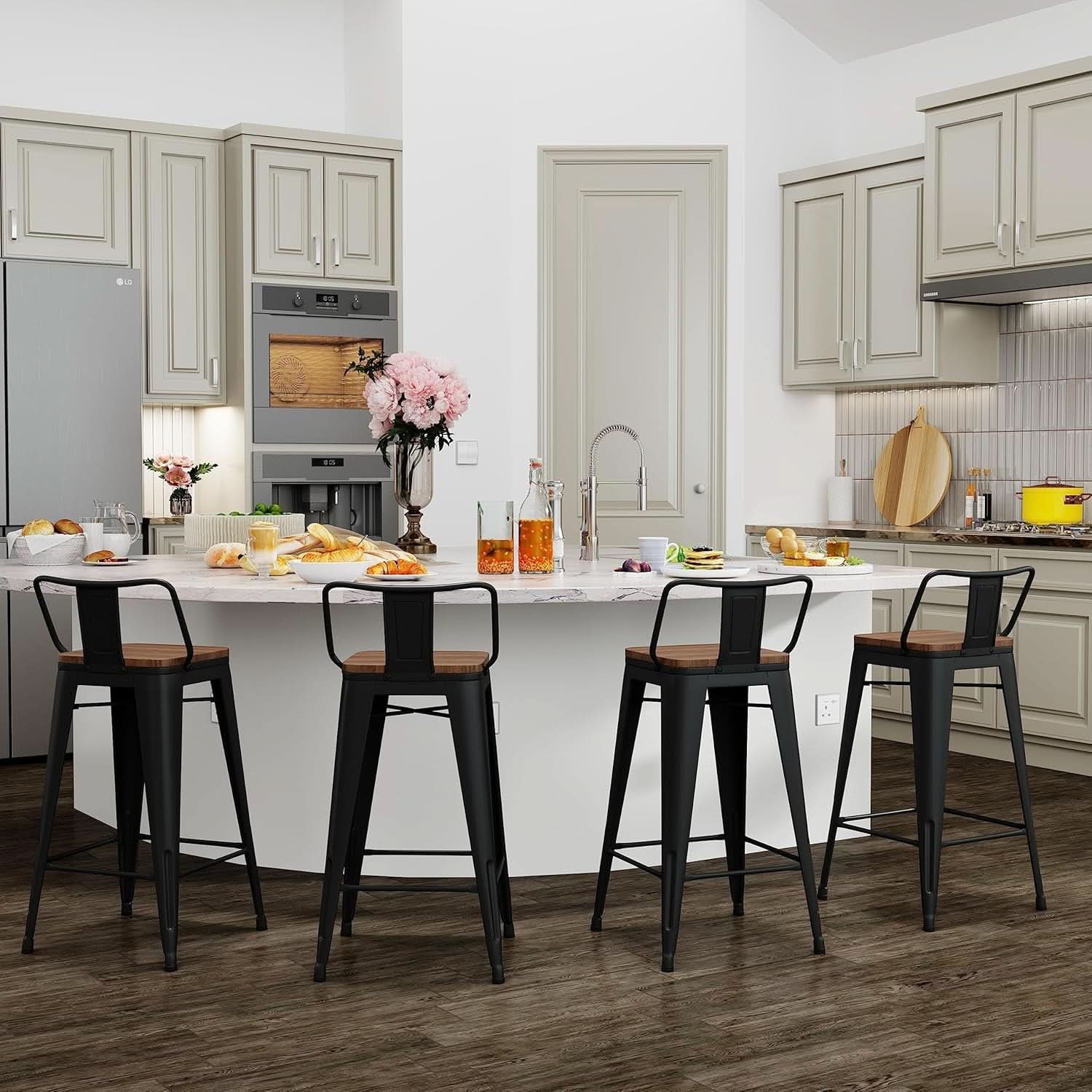 30 Inch Bar Stools Set Of 4 Matte Black Wood Seat With Back
