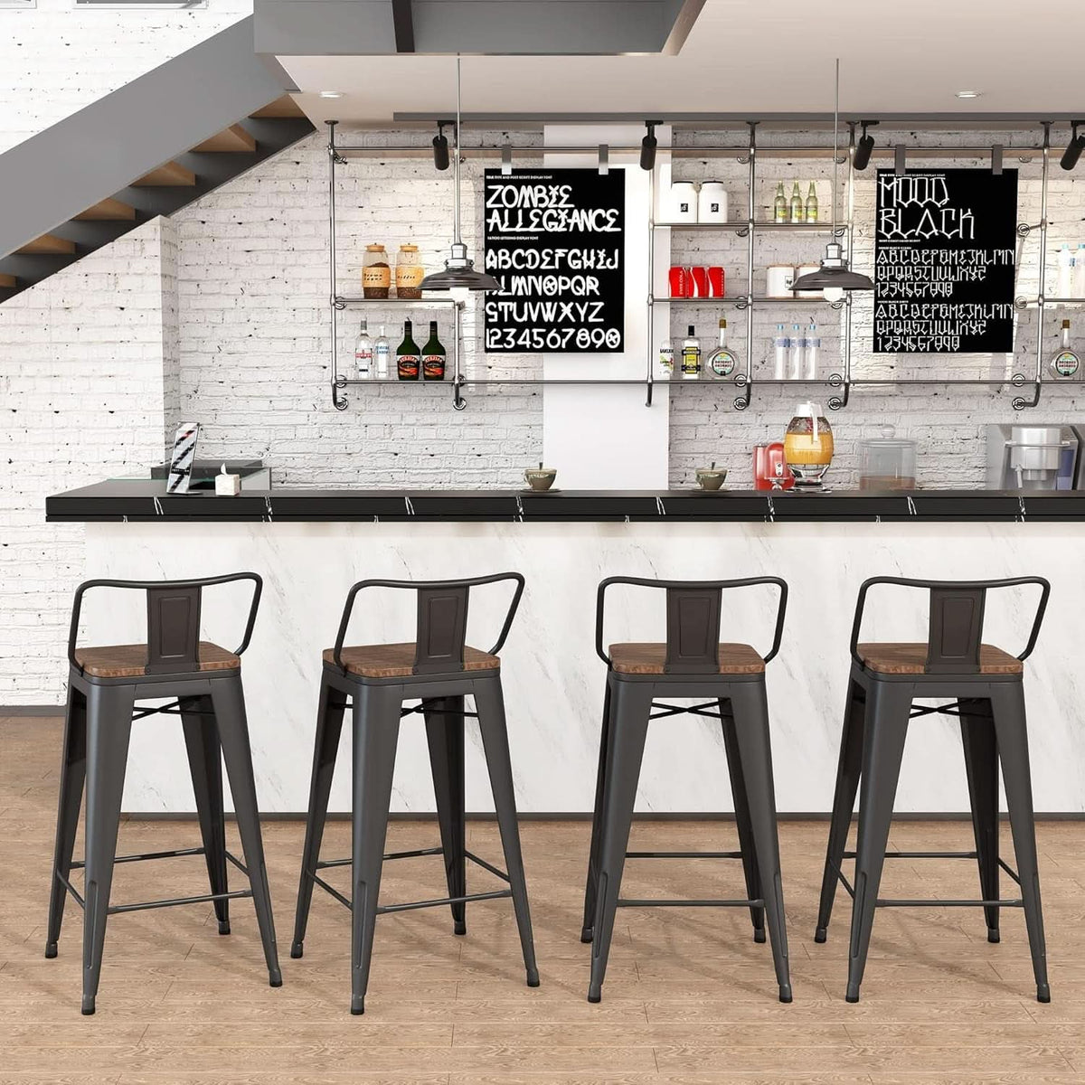 30 Inch Bar Stools Set Of 4 Matte Black Wood Seat With Back