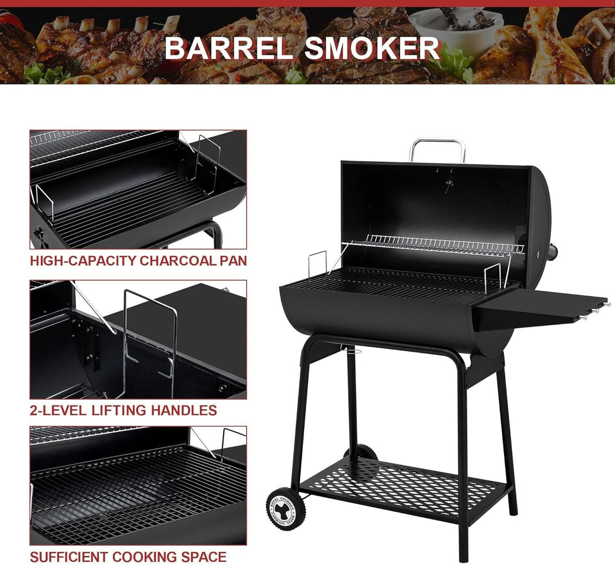 30 Inch Barrel Charcoal Grill With 627 Square Inches Cooking Space