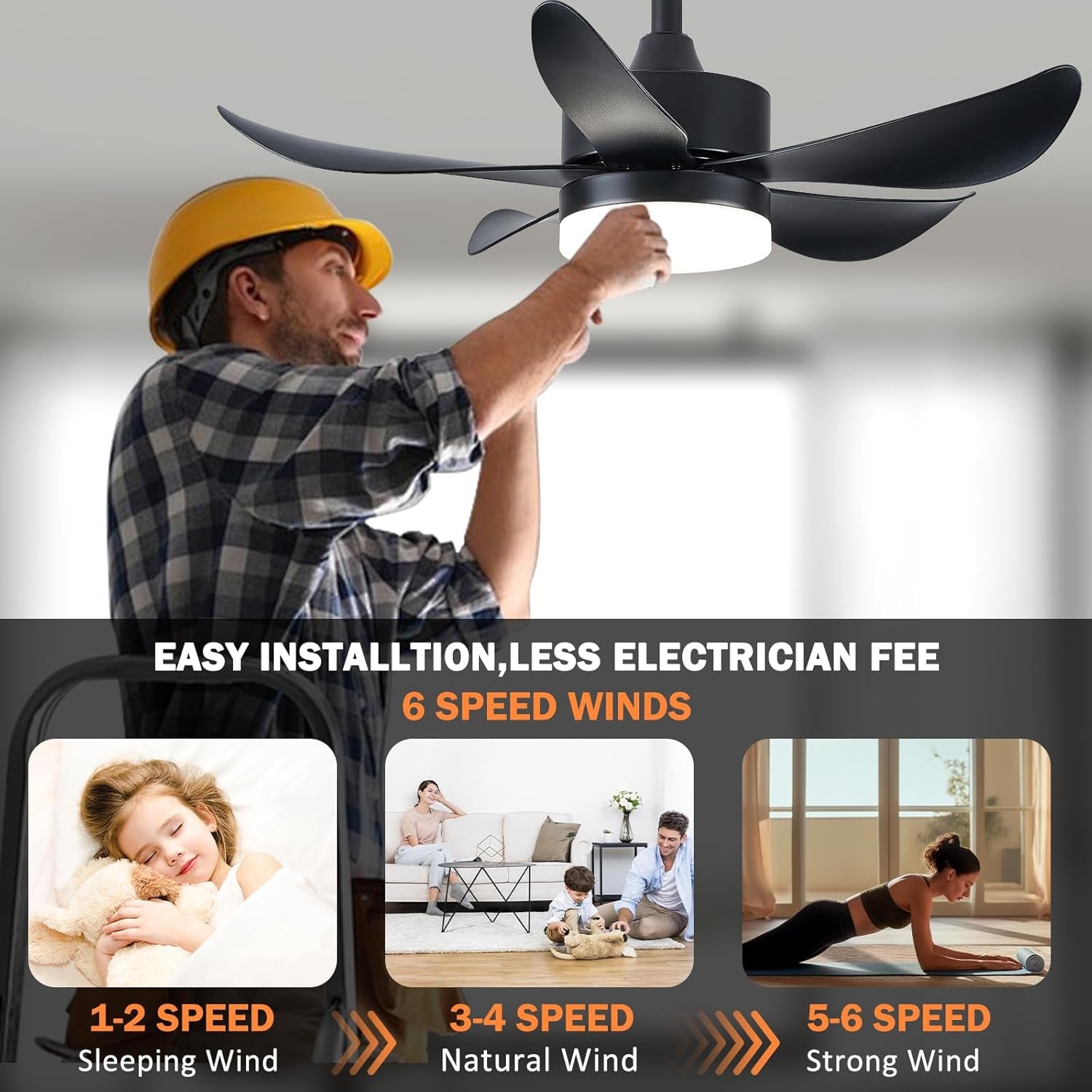 30 Inch Black Ceiling Fan With DC Motor And Remote Light