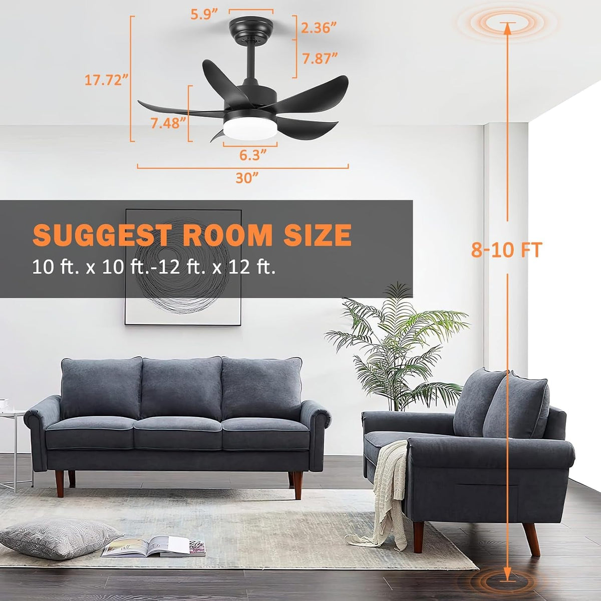 30 Inch Black Ceiling Fan With DC Motor And Remote Light