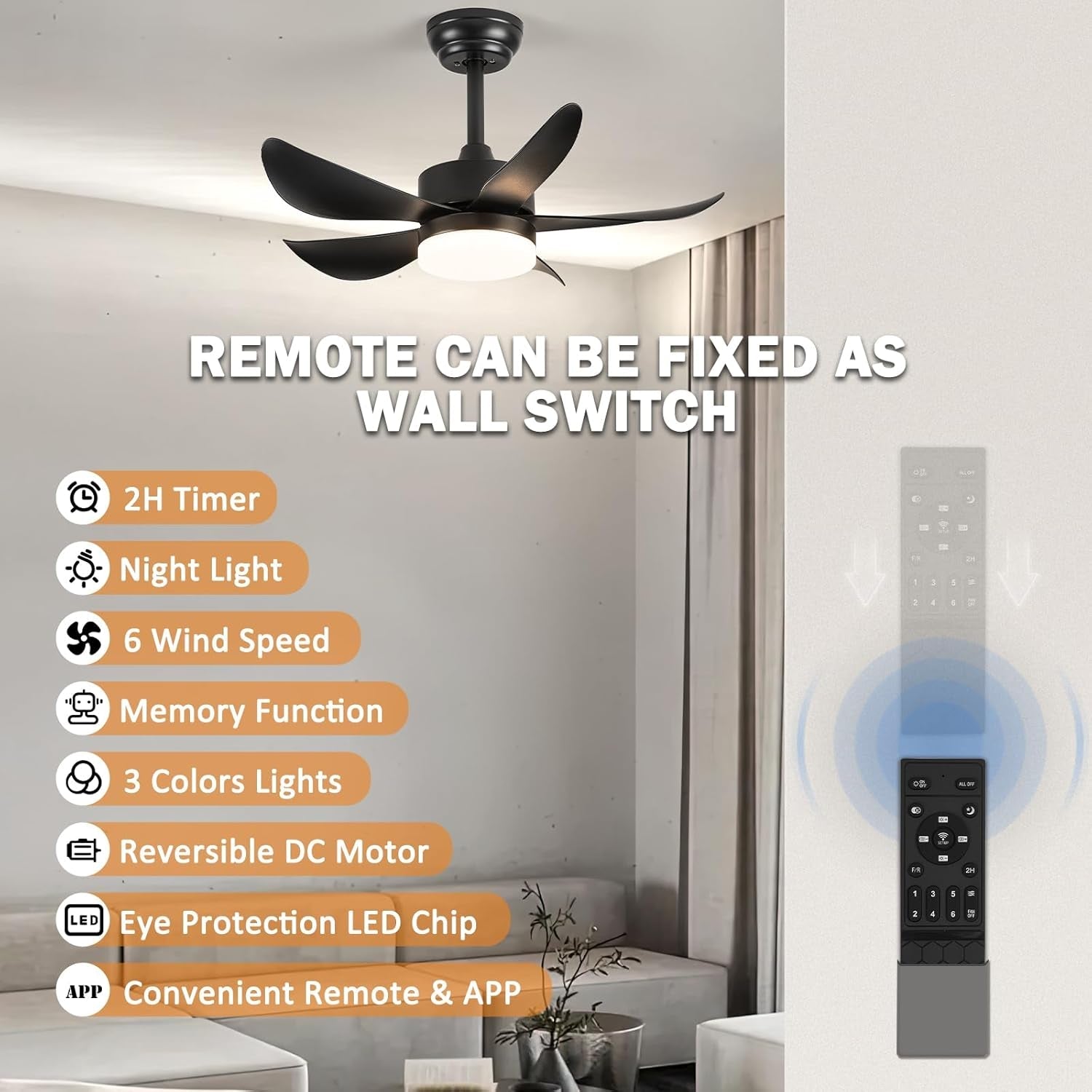 30 Inch Black Ceiling Fan With DC Motor And Remote Light