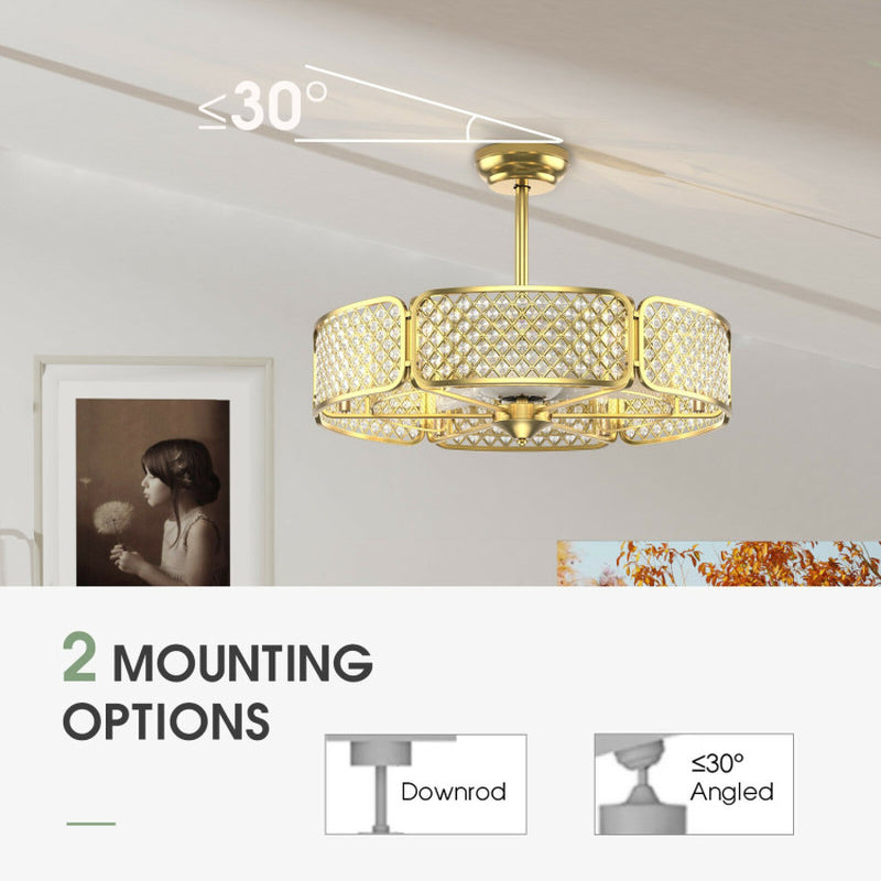30 Inch Caged Ceiling Fan With Crystal Lampshade Six Light Bases