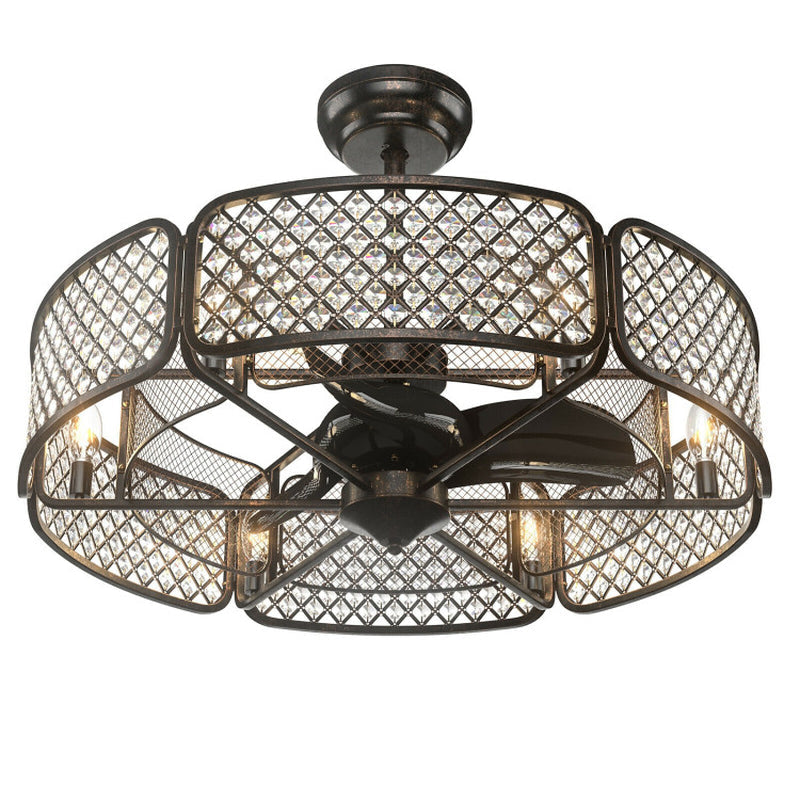 30 Inch Caged Ceiling Fan With Crystal Lampshade Six Light Bases