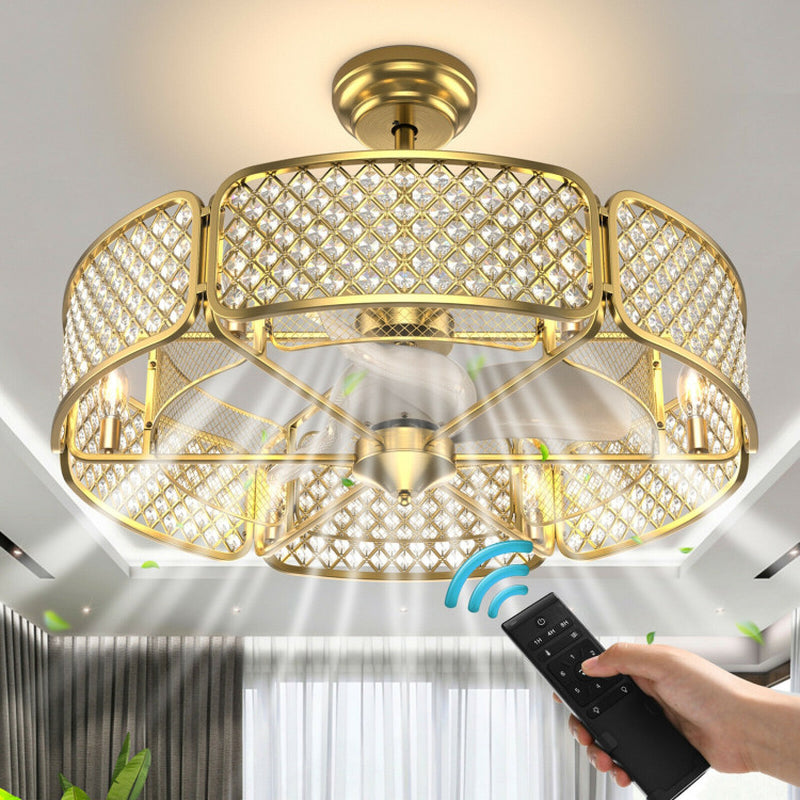 30 Inch Caged Ceiling Fan With Crystal Lampshade Six Light Bases