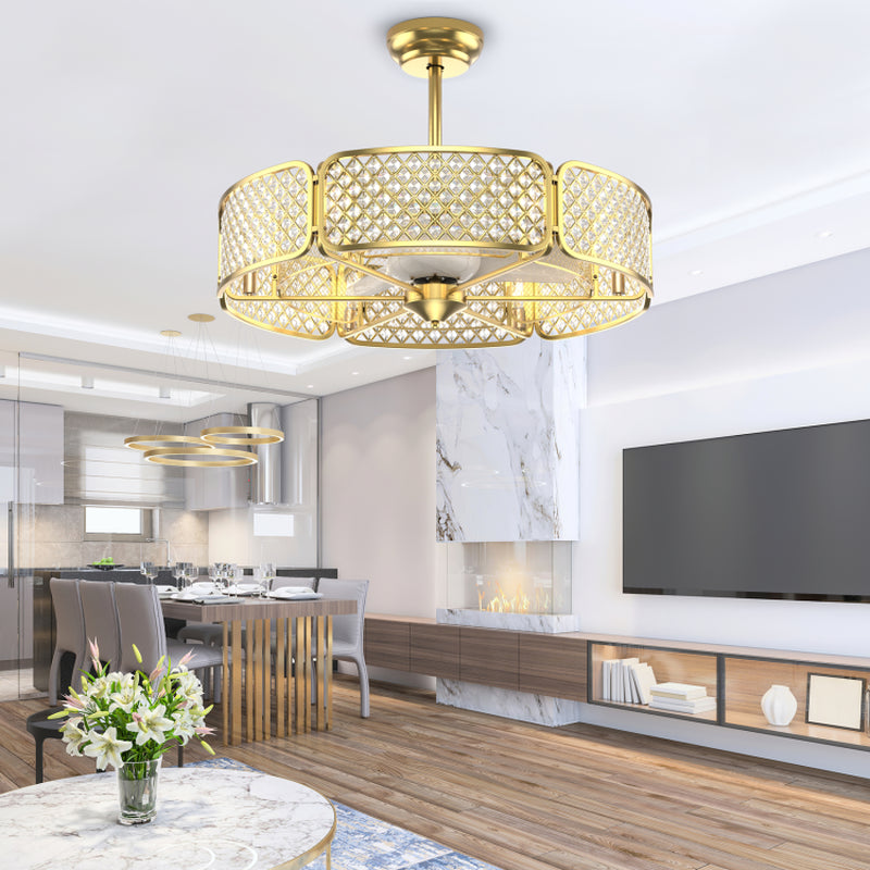 30 Inch Caged Ceiling Fan With Crystal Lampshade Six Light Bases