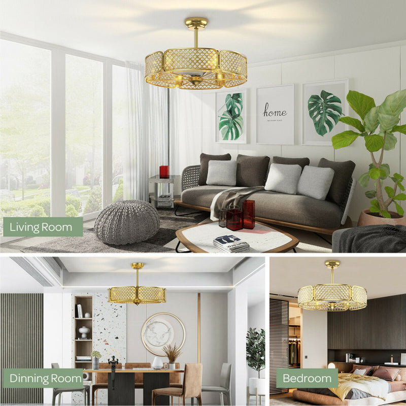 30 Inch Caged Ceiling Fan With Crystal Lampshade Six Light Bases