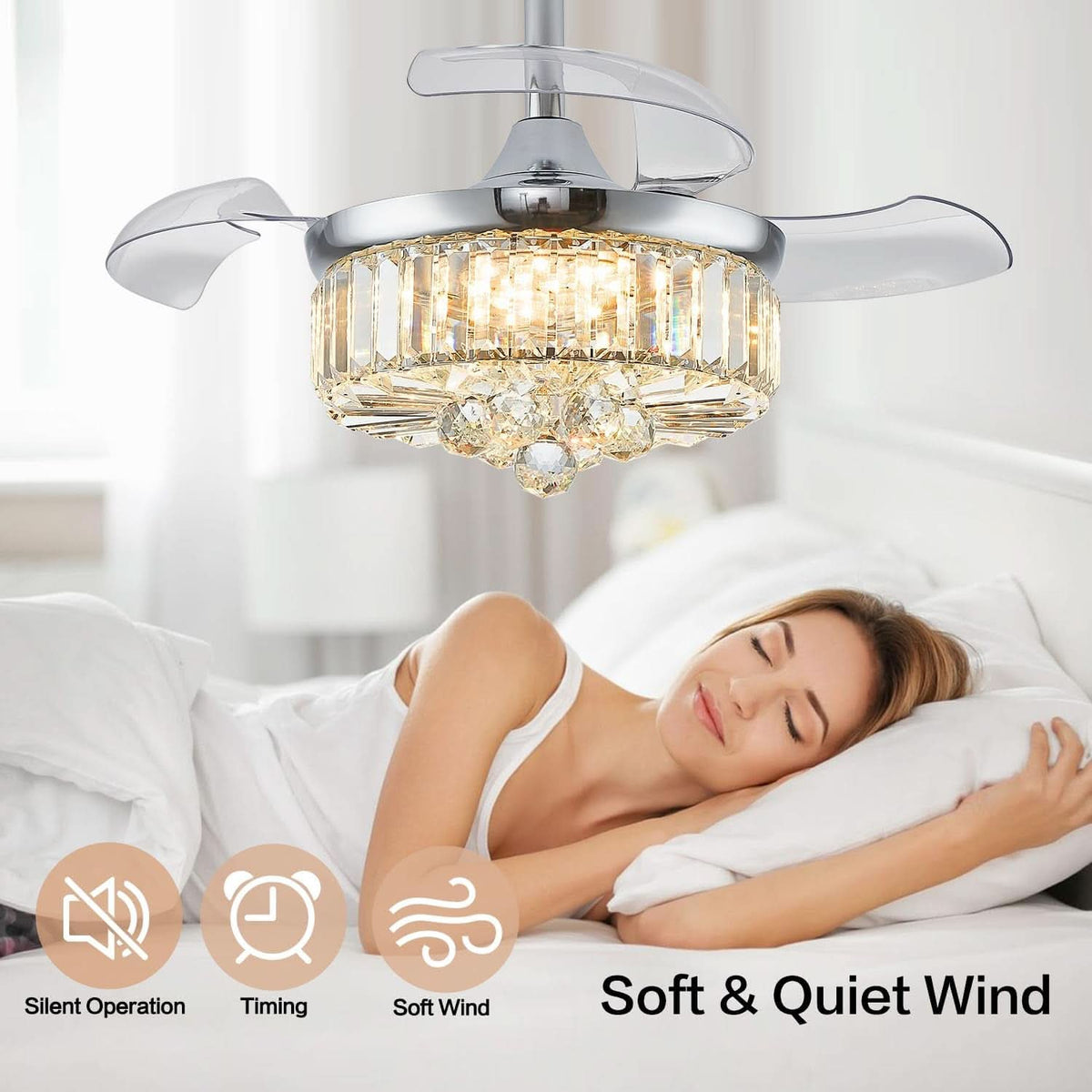 30 Inch Crystal Chandelier Ceiling Fan With Retractable Blades