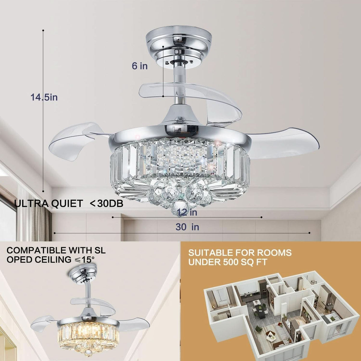 30 Inch Crystal Chandelier Ceiling Fan With Retractable Blades