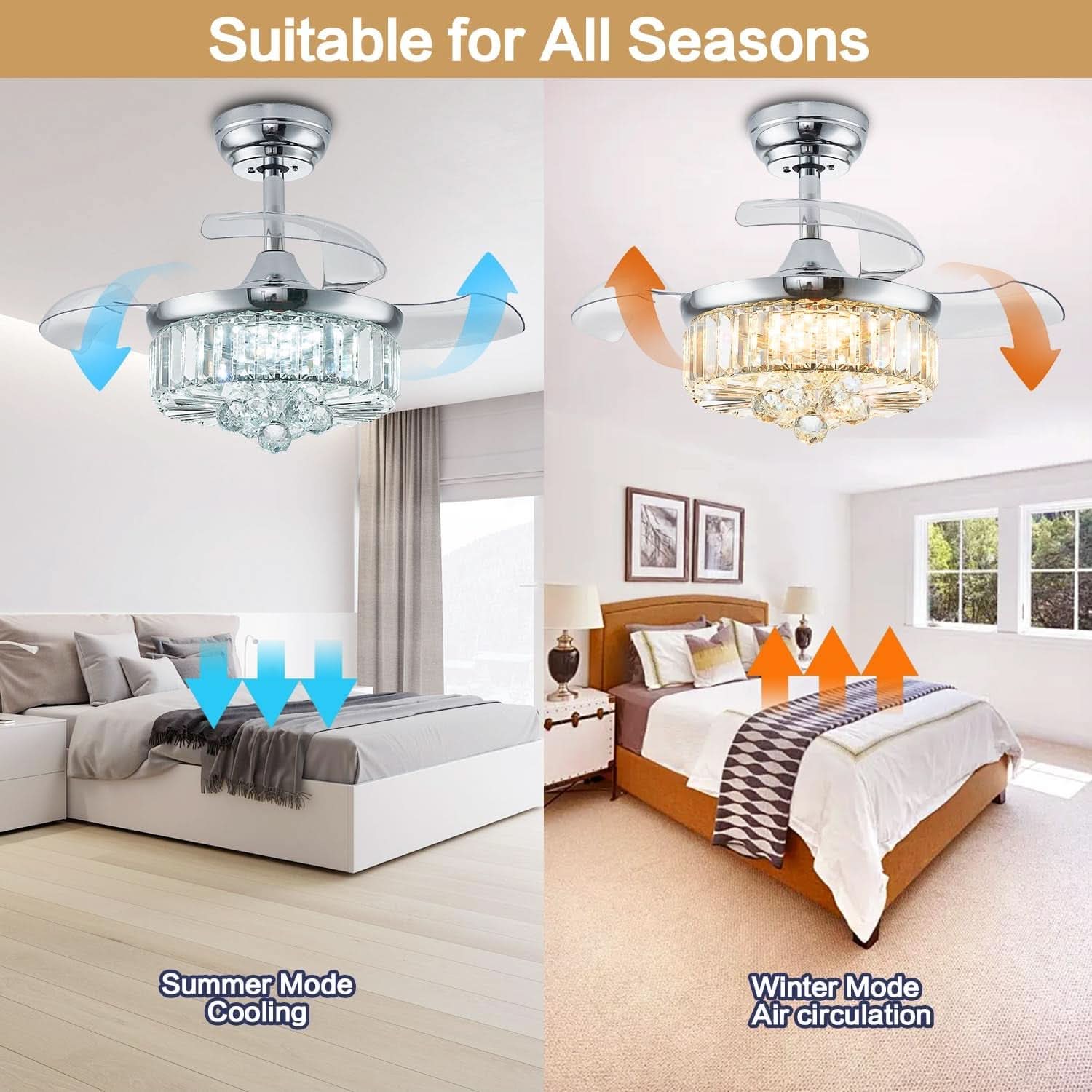 30 Inch Crystal Chandelier Ceiling Fan With Retractable Blades