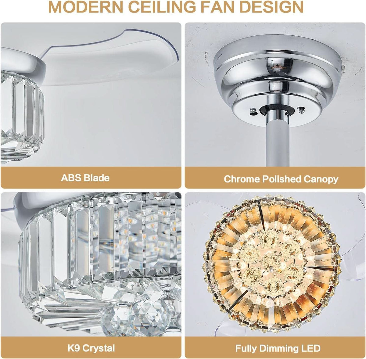 30 Inch Crystal Chandelier Ceiling Fan With Retractable Blades